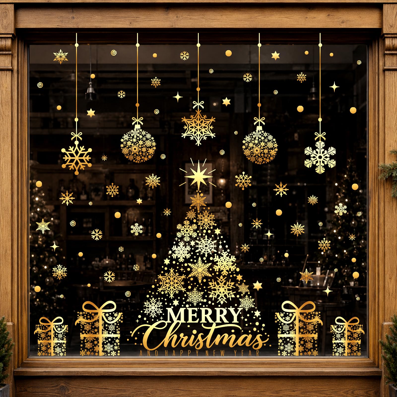JOLCEEY 5 Sheets Christmas Window Stickers, 12 x 35 Inch Christmas Window Clings Decals Xmas Tree Double-Side Gold Snowflake Clings Decorations for Christmas Window Indoor Shop Office Decorations