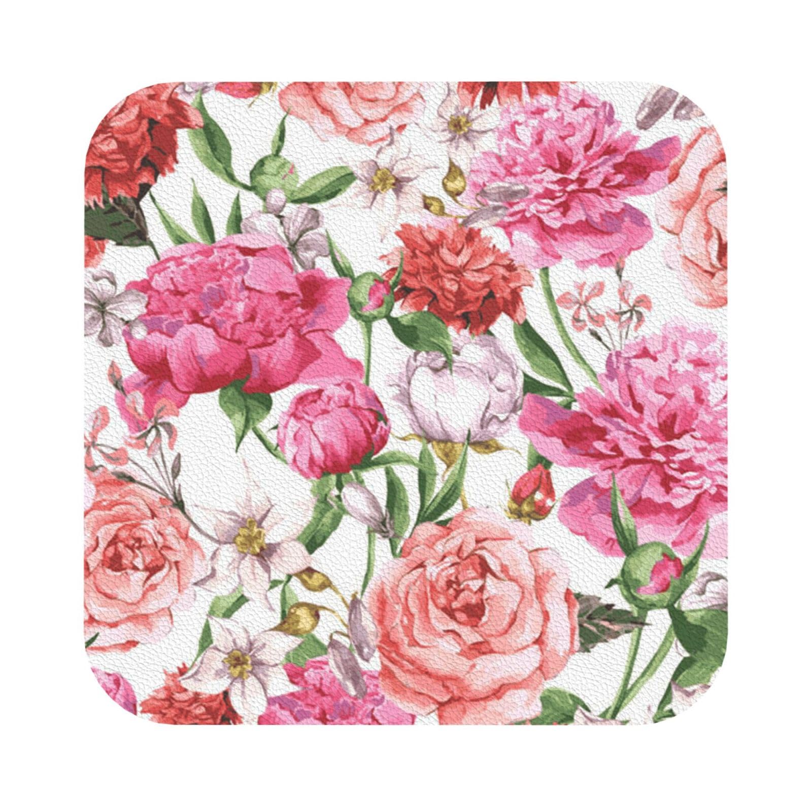 Garden Peony PU Leather Coasters Set of 6 Square Drink Coasters