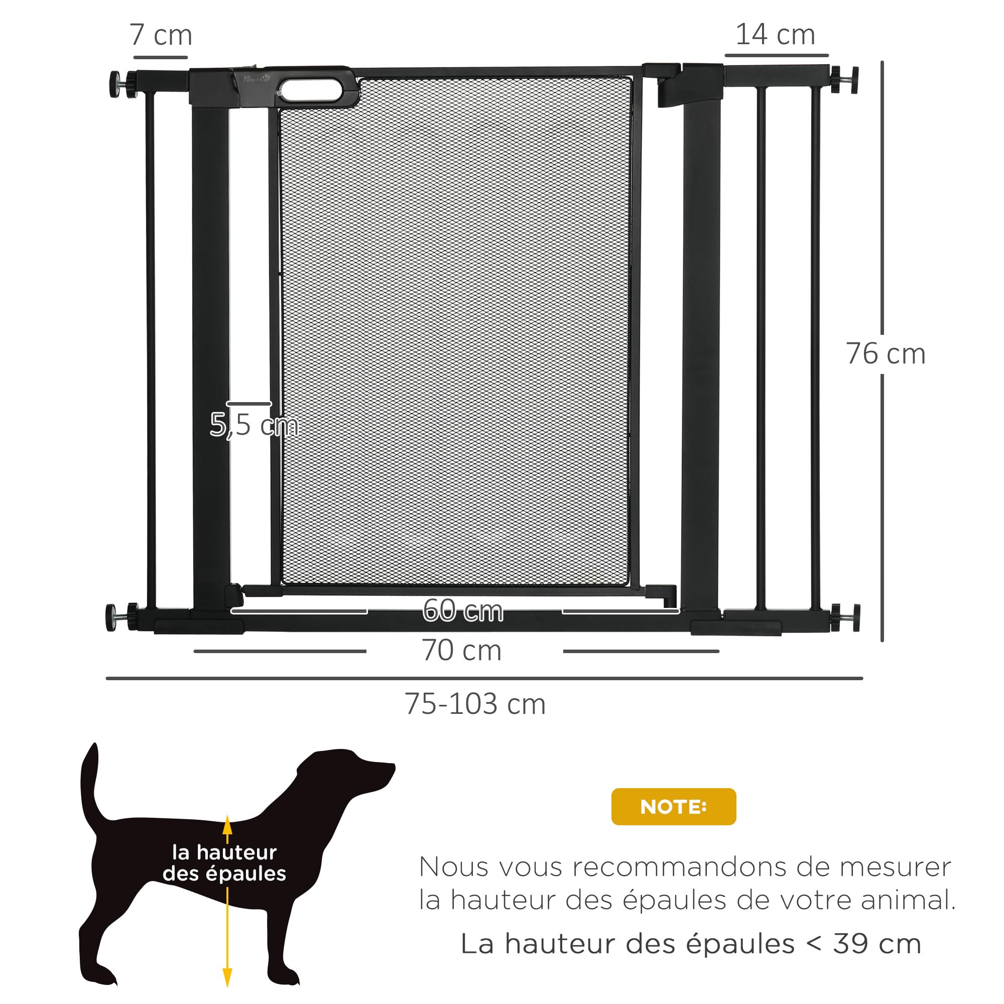PawHut Barrière de sécurité pour Animaux Domestique avec Fermeture Automatique Double Verrouillage Largeur 75-103 cm Noir