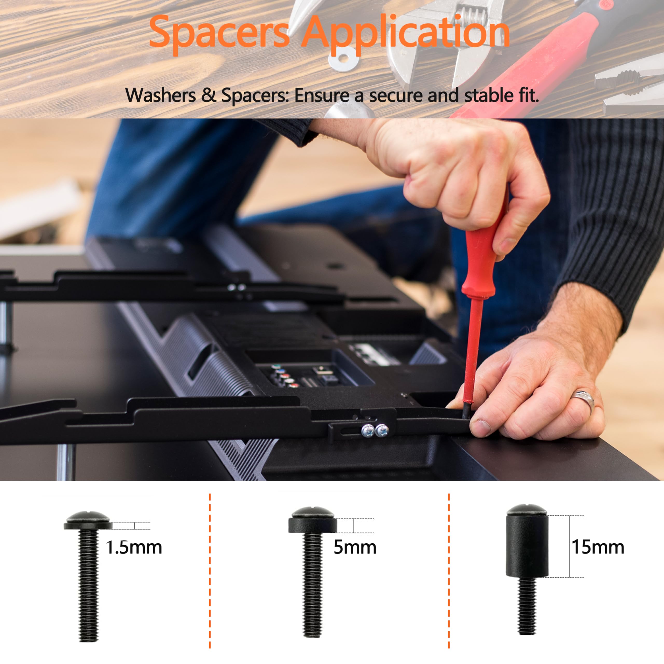 Kit Vis VESA/Montage TV (Noir/Fer) M4/M5/M6/M8+Rondelles/Entretoises.Compatible Supports Mural&TV-Standfüße,Vis de Remplacement Universel