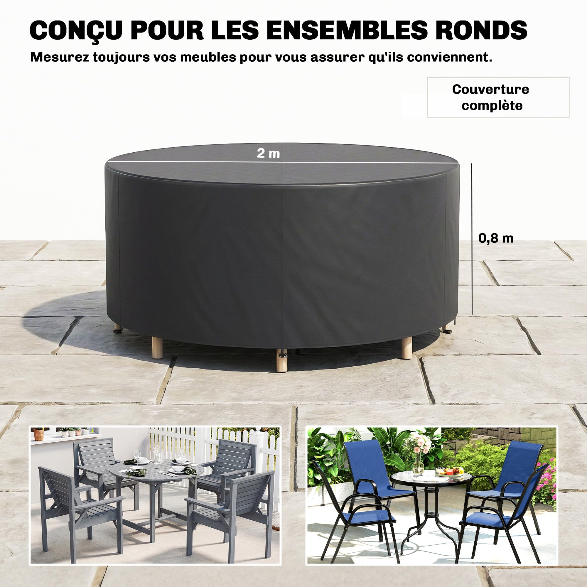 Outsunny Housse pour mobilier de jardin rond, housse de table imperméable, tissu Oxford 420D robuste pour table et chaises de jardin extérieur, Ø200 x 80 cm, noir