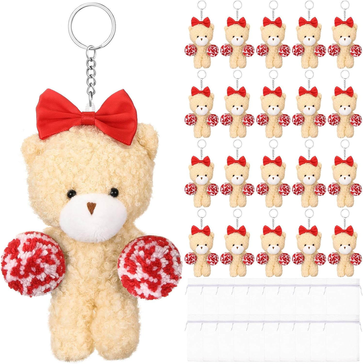 VioraWhite 20 Sets Mini Bear Stuffed Animals Cheer Gifts Bulk Bear Keychains with White Organza Bags for Cheer Team Gift