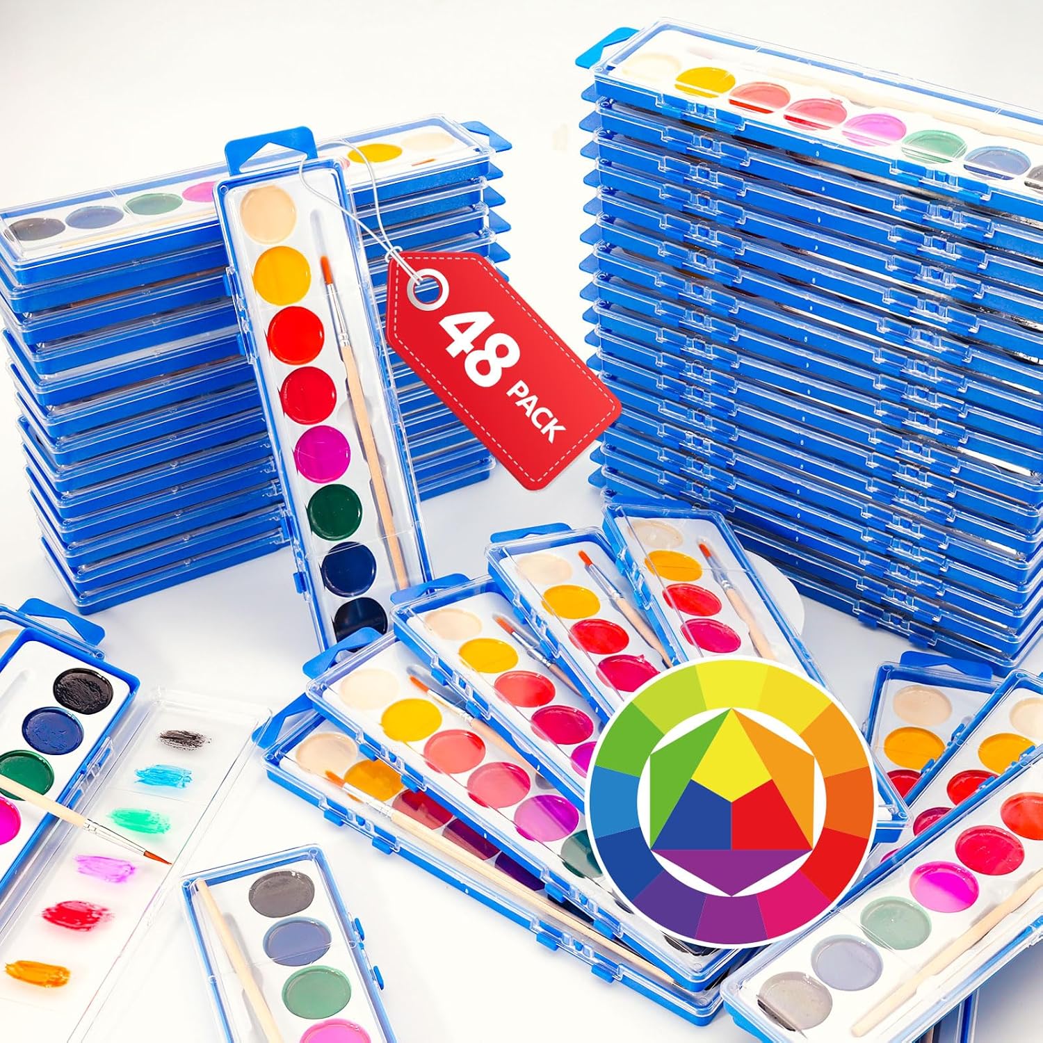 48 Pack Watercolor Paint Set for Kids - 8 Washable,Bright Colors with Paintbrush Watercolor Paint Bulk for Kids Party Favors,Classrooms Supplies,Art Lessons