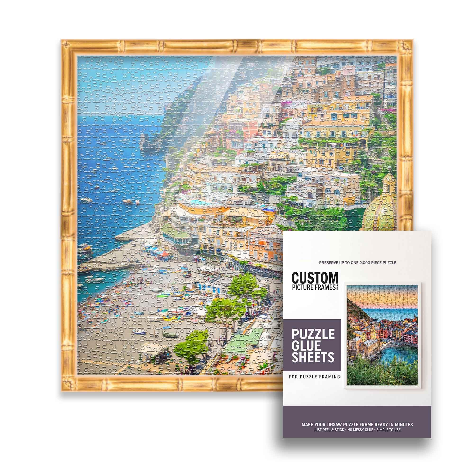 Kit cornice puzzle con fogli di colla, cornice in bambù dorato, in vero legno con parte anteriore in acrilico resistente ai raggi UV, realizzata per conservare ed esporre puzzle da 48 x 48 cm