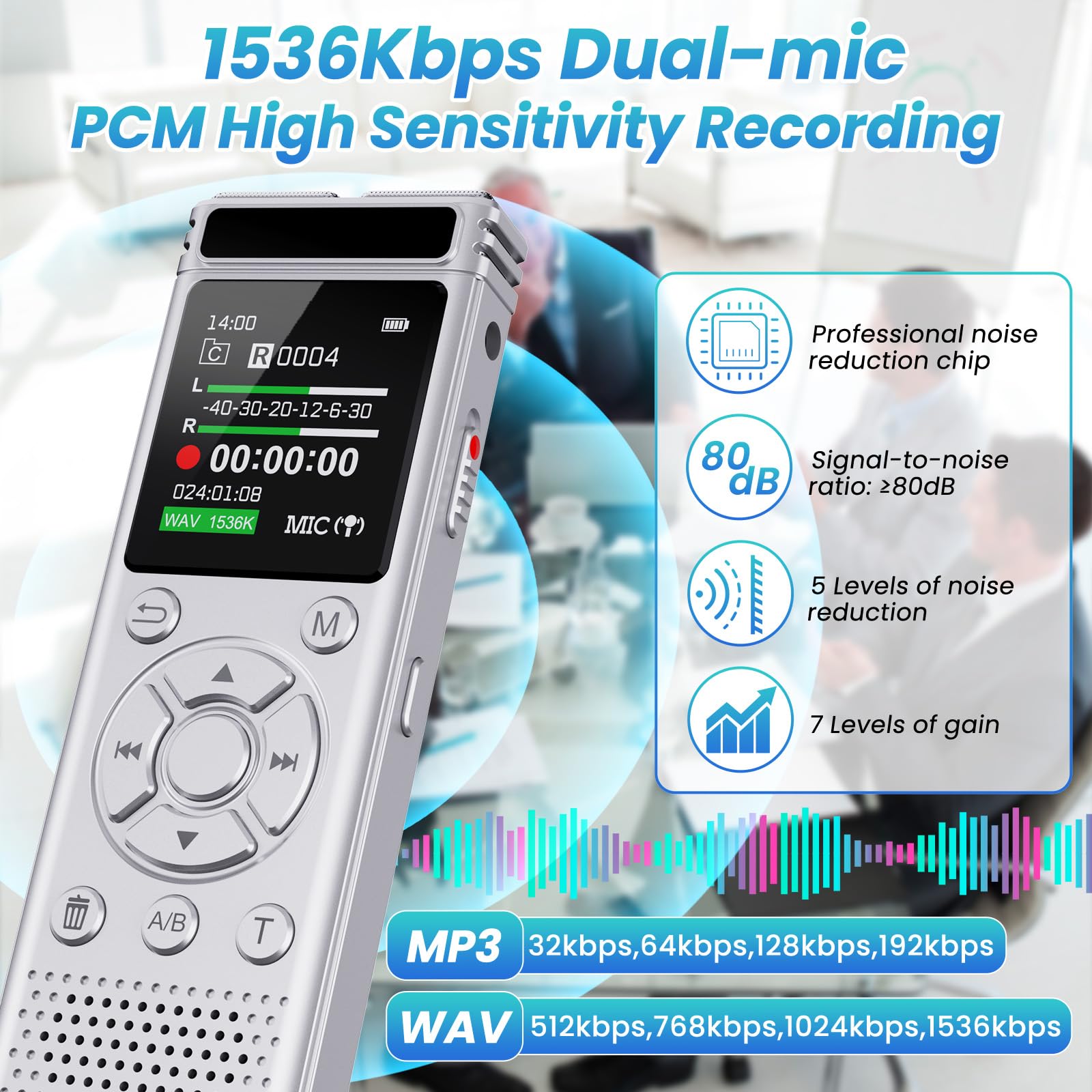 Registratore vocale digitale da 136 GB con riproduzione, dispositivo di registrazione audio 9000 ore, registratore vocale attivato con riduzione del rumore, ripetizione A-B, lettore MP3 e password per