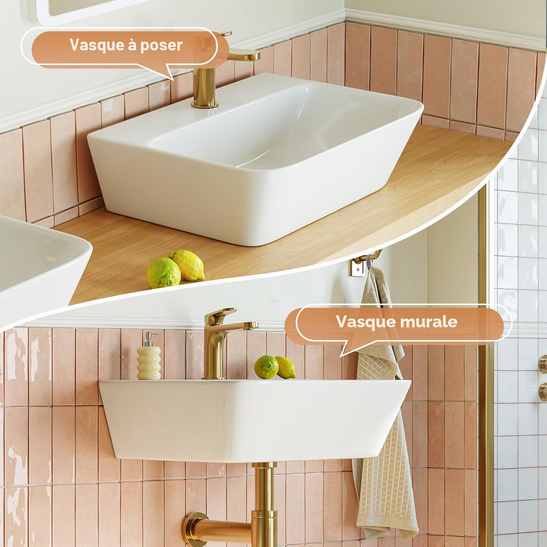HOROW Lavabo de salle de bain carré 40 cm, moderne, blanc, sans trop-plein, avec trou pour robinet, petit lavabo suspendu, WC, pour invités