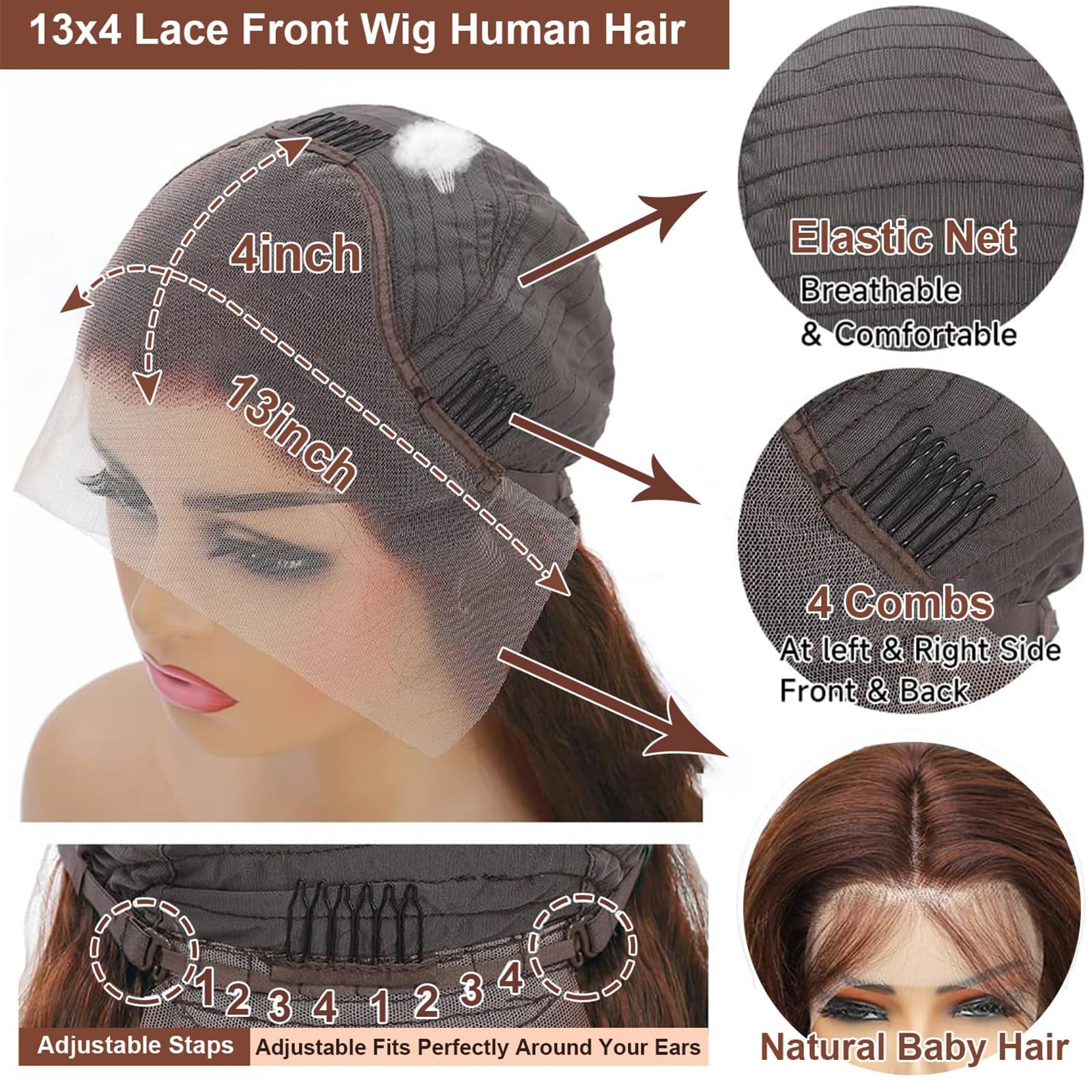 Chocolate Brown Human Hair Wigs 22 Inch 13X4 Brown Body Wave Wig 200% Density Coloed #4 Glueless Wig For Women - Image 2