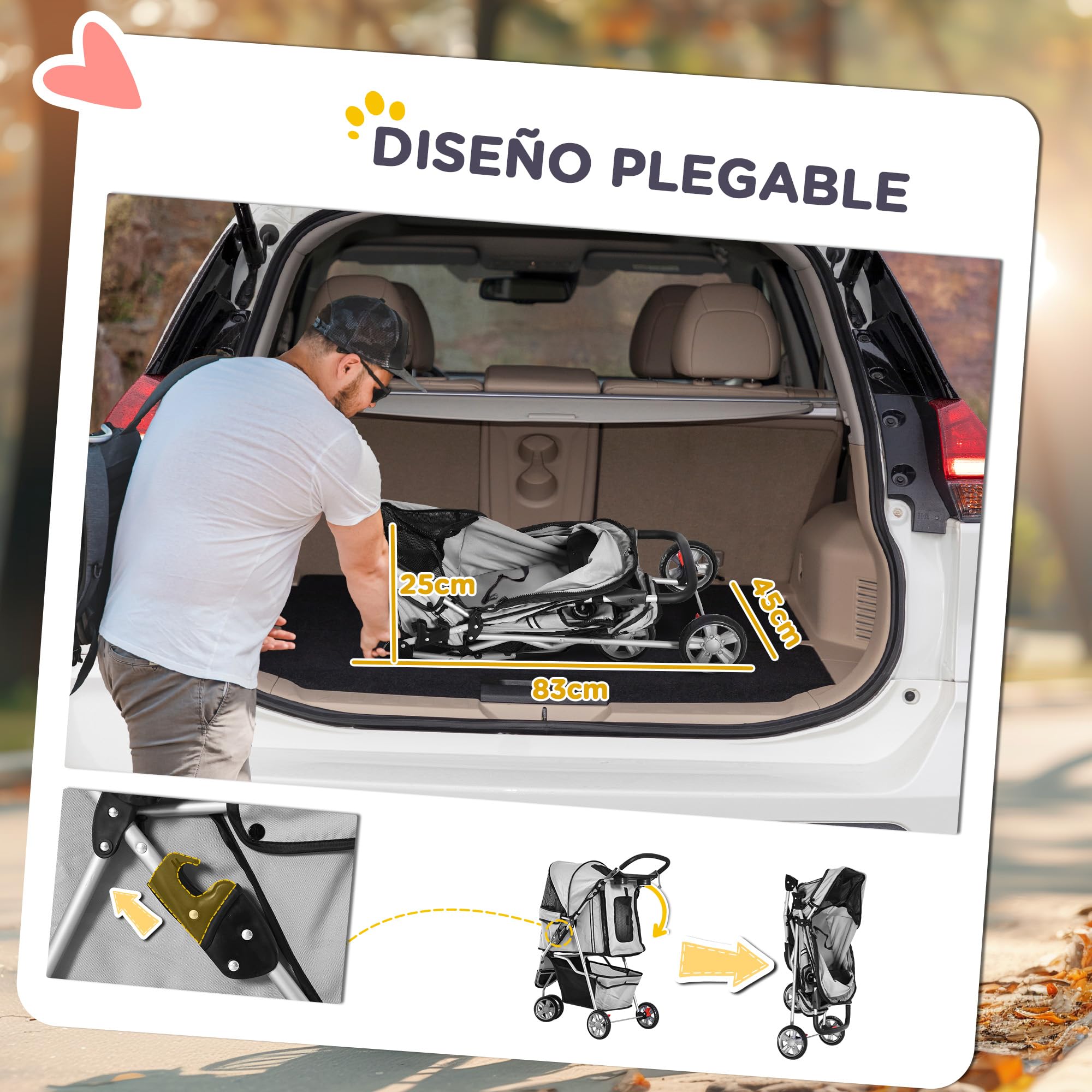 PawHut Cochecito Plegable Mascotas 75x45x97cm Perros Gatos Carrito Ruedas giran 360º Gris