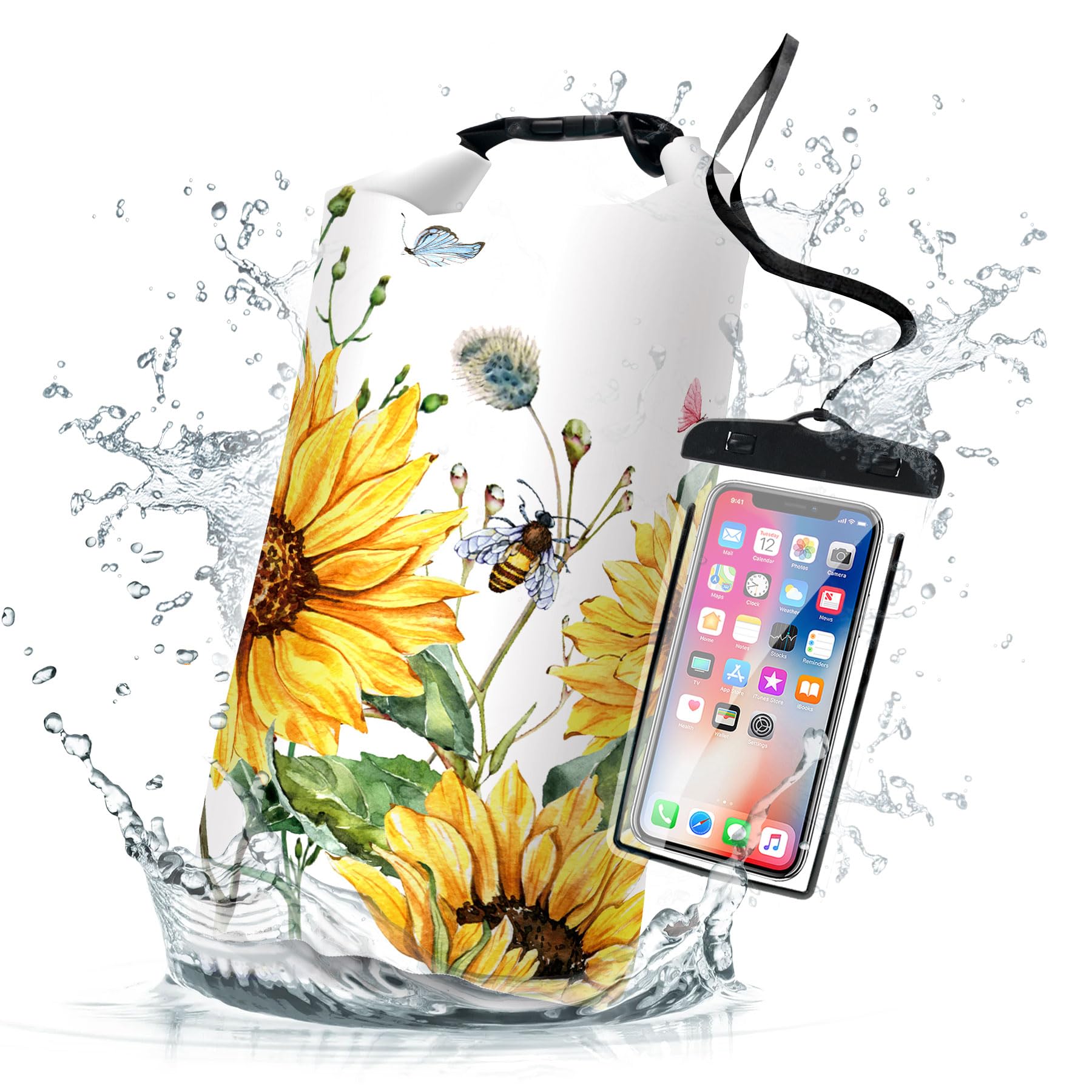 Cliduli Waterproof Dry Bag,Roll Top Summer Sunflowers Waterproof Backpack 5L/10L/20L Floating and Lightweight Bags for Kayaking, Boating, Fishing,