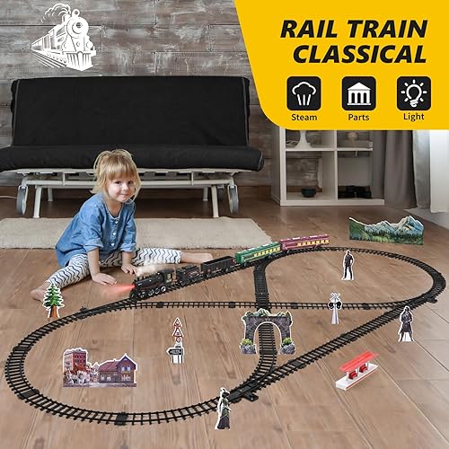 Miniatura 8 de Juego de tren para niños, tren de locomotora de vapor con coche de carbón, vagón de pasajeros, coche de carga y pistas largas, kits de tren