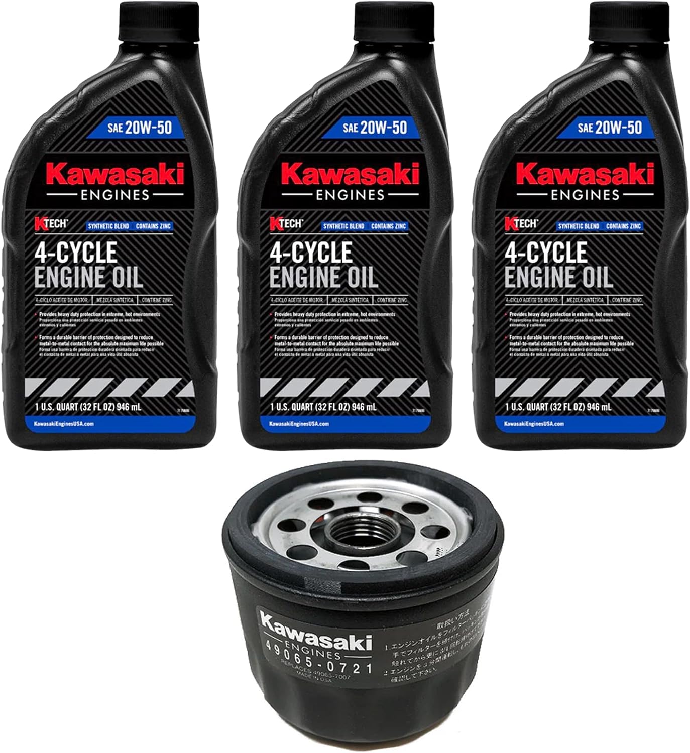 20W50 Oil Change Kit Compatible with Kawasaki FR651V FR691V FR730V FS481V FS541V FS600V FS651V FS691V FS730V (3) 99969-6298 (1) 49065-0721 (1) Service Reminder Decal (1) Set of Gloves
