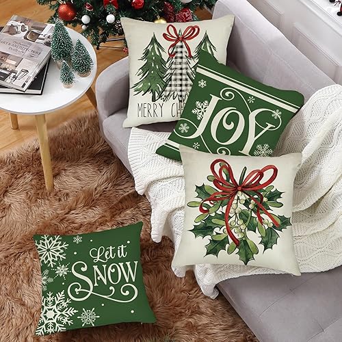 Miniatura 4 de Fahrendom Juego de 4 fundas de almohada decorativas con diseño de árbol de Navidad de 18 x 18 pulgadas, diseño de copos de nieve verde con diseño de
