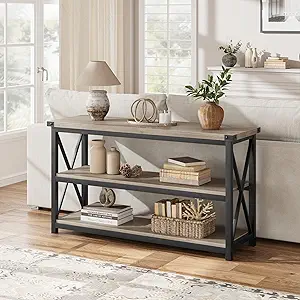 Industrial Long Console Table, 47 Inch 3-Tier Entryway Table with Storage Shelves, Rectangular Sofa Table for Entryway, Entry Table for Entrance, Hallway, Living Room, Bedroom (Gray, 47 in)