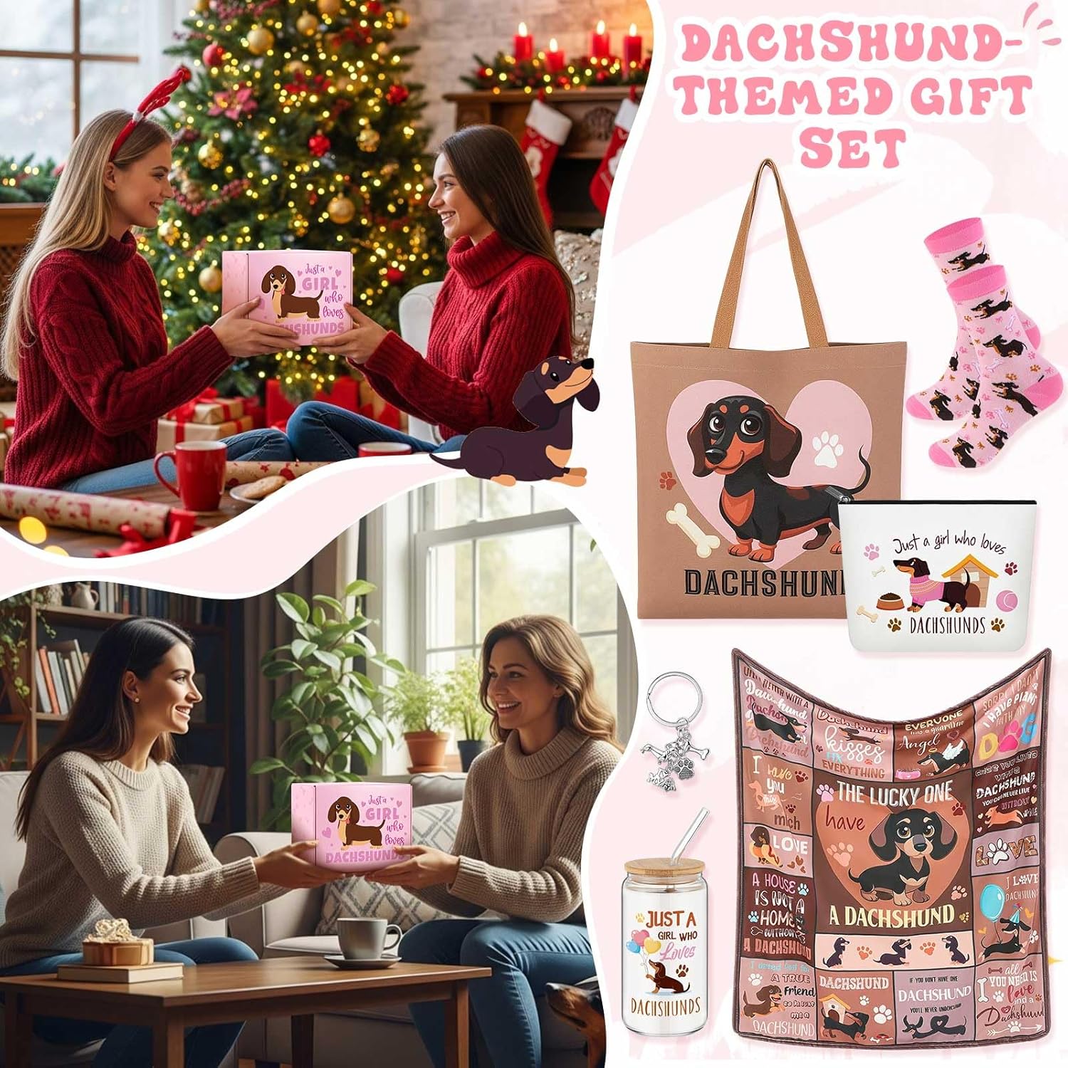Paterr 6 Pcs Dachshund Lover Gifts for Women, Weiner Dog Gifts Canvas Tote Bag Makeup Bag Print Blanket Socks 16oz Glass Coffee Cup with Straw Cute Keychain for Mother's Day Birthday Girls Daughters - Image 7