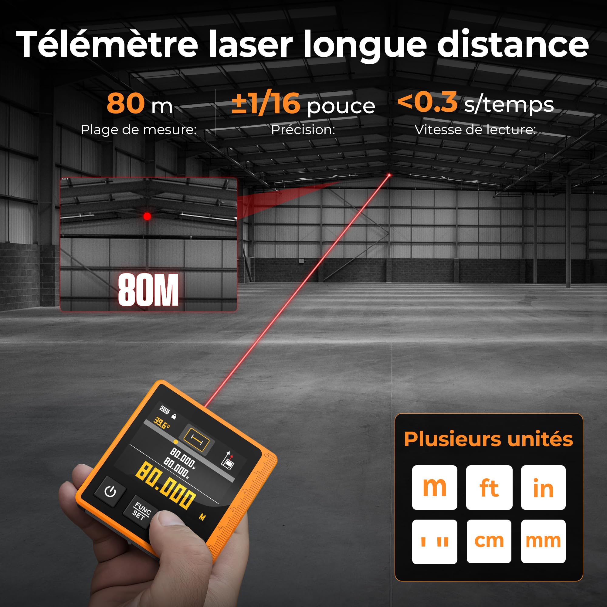 CIGMAN CD80 Télémètre Laser 3-en-1 80m, Mètre Ruban Laser Numérique avec Écran LCD Rétroéclairé | Batterie 1000mAh, Inclinomètre, USB Type-C, Mesure Multi-Mode & Unité | Avec LCD rétroéclairé, bulle électronique, rapporteur, unité M/In/Ft, mètre laser num