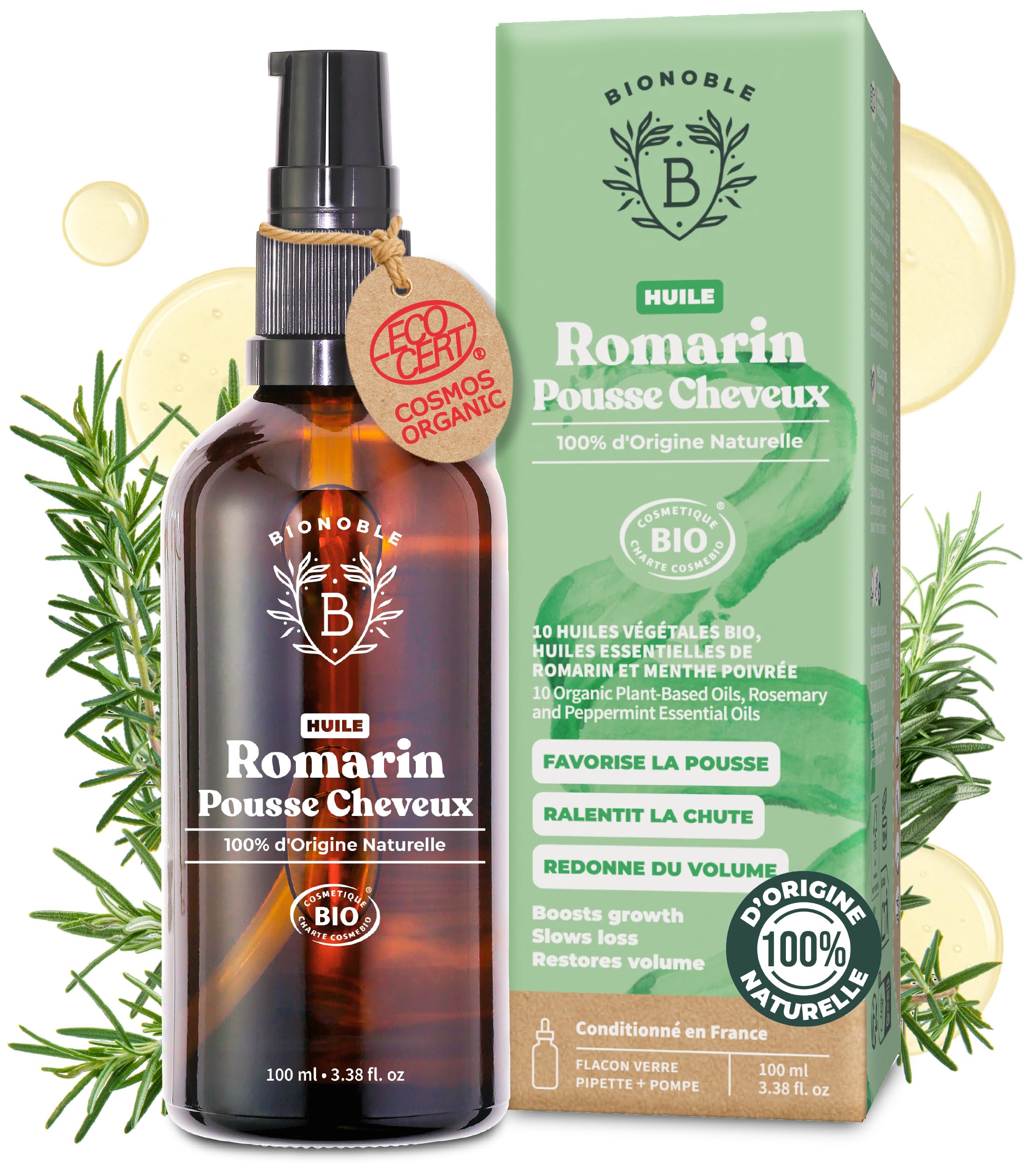 BIONOBLE Huile de Romarin pour Cheveux Bio - Favorise la Pousse et Ralentit la Chute - Huile Romarin Cheveux, Ricin, Argan, Jojoba - Rosemary Oil for Hair Growth - Flacon Verre, Pipette, Pompe - 100ml
