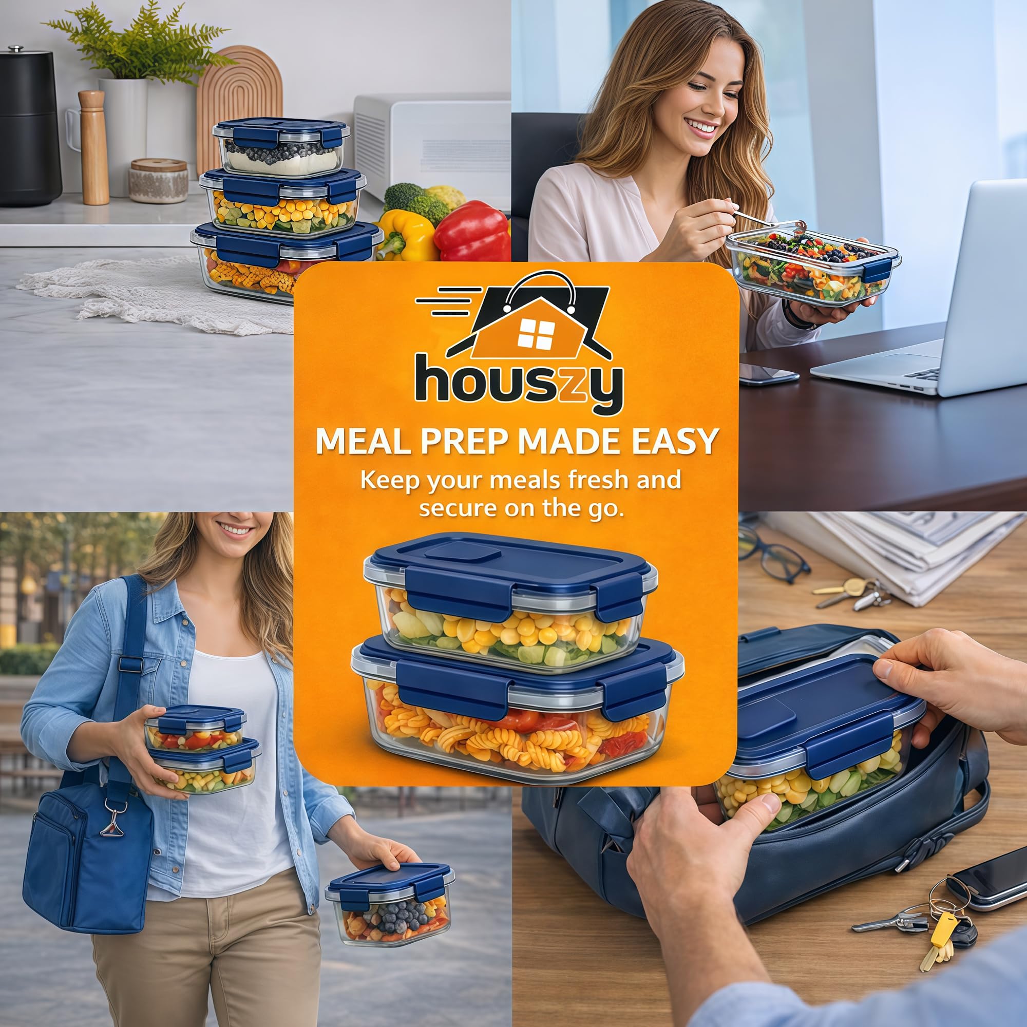 Set di 12 contenitori per alimenti in vetro con coperchi ermetici, con coperchi senza BPA, adatti a microonde, forno, congelatore e lavastoviglie, blu