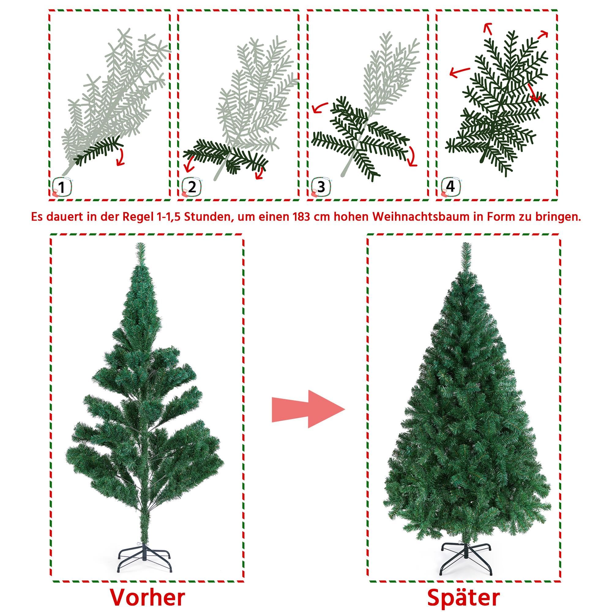 Yaheetech 183cm Künstlicher Weihnachtsbaum Tannenbaum mit 598 Spitzen & Faltbarem Metallständer Christbaum Kunstbaum für Weihnachtsdekoration, Grün