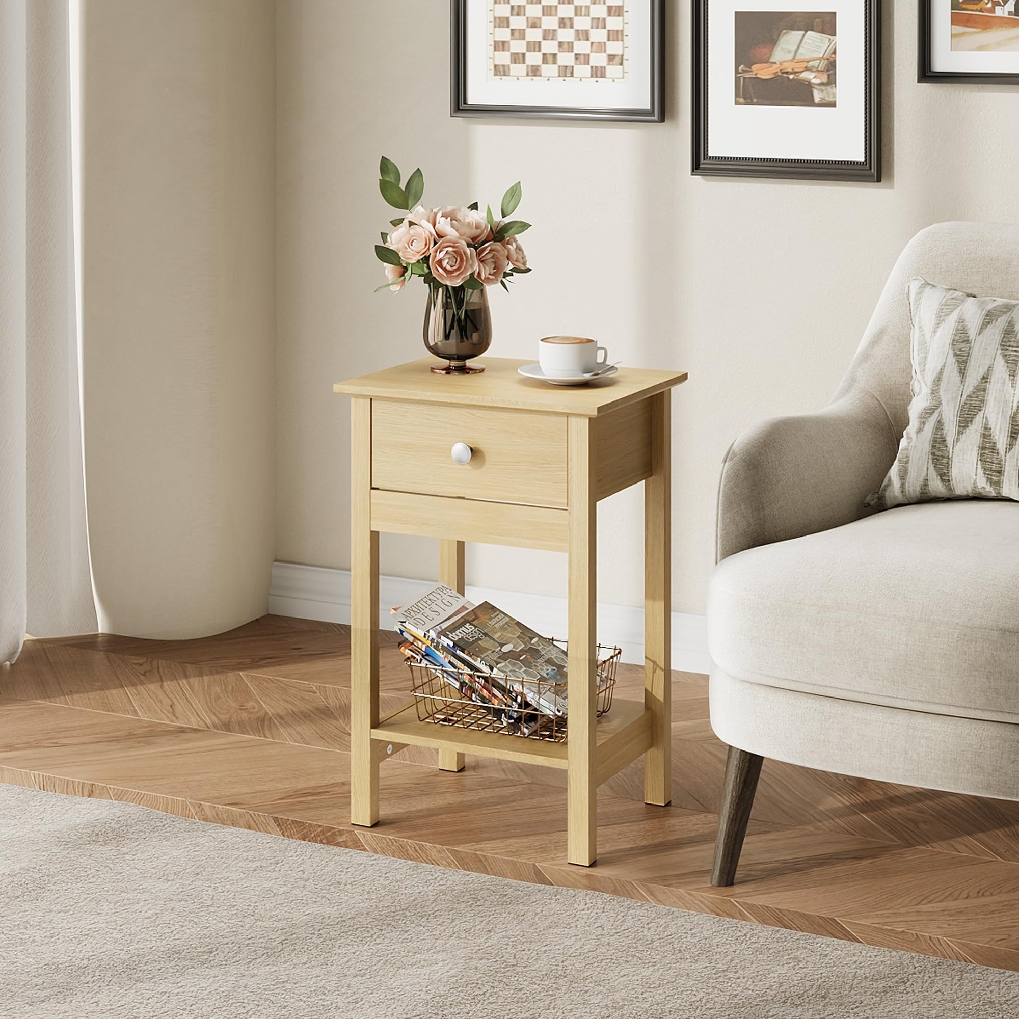 WLIVE Nachttisch,Beistelltisch aus Holz,mit Einer Schublade und Ablage,Platzsparend,Geeignet für Schlafzimmer und Wohnzimmer,Modern (2, Eiche)