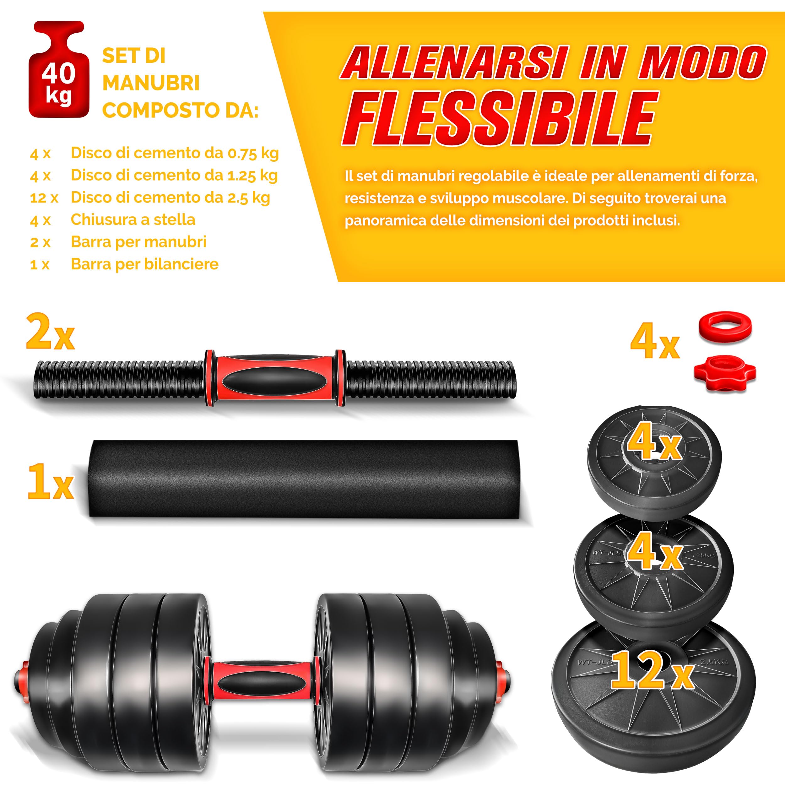 RE:SPORT Set di manubri 2 in 1 15-40kg | Set di manubri regolabili | Manubri corti e lunghi | Chiusure a stella e tubo di collegamento