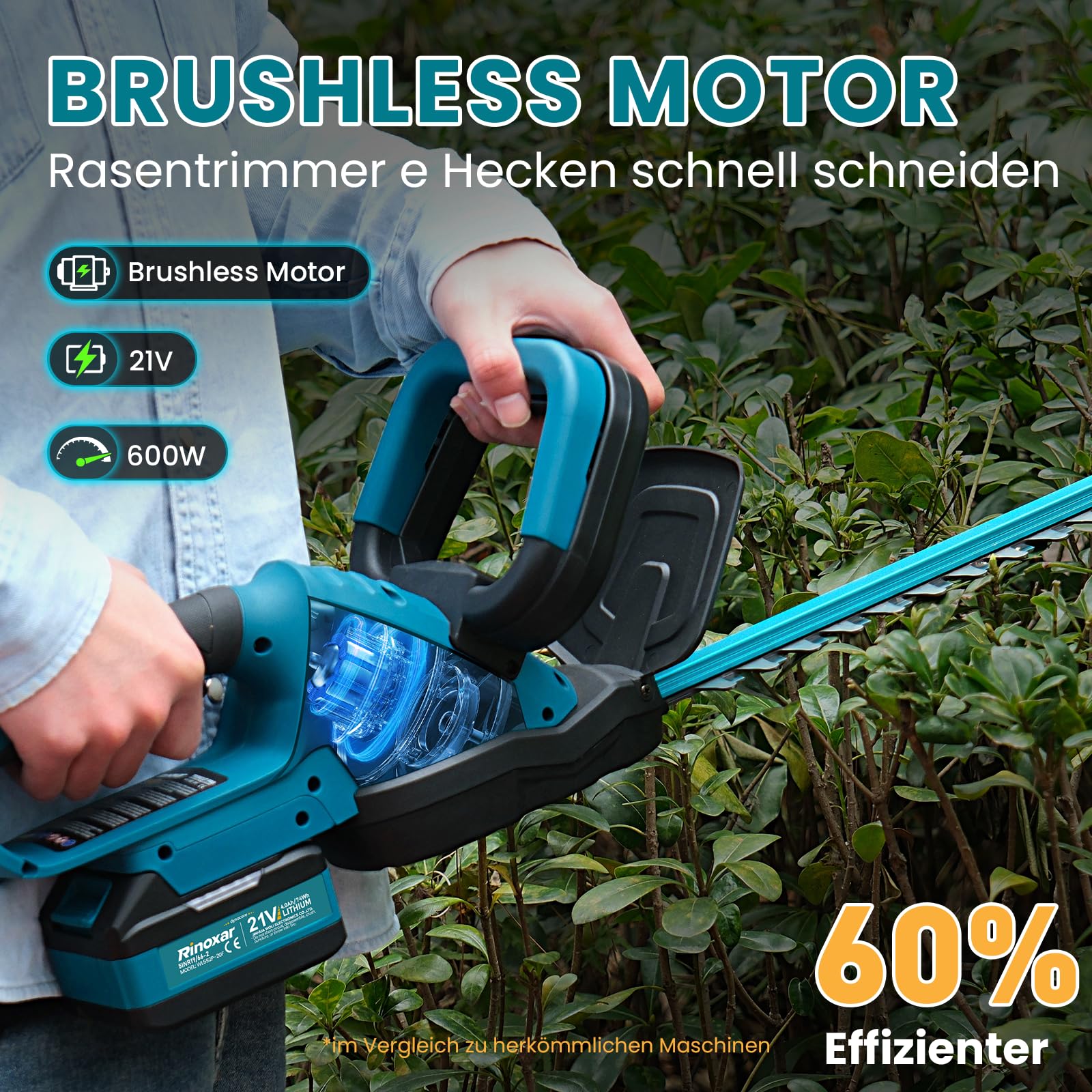 Akku Heckenschere mit 2x4000mAh Akku und Ladegerät, Elektrischer Heckentrimmer, 600W Bürstenloser Motor 28500rpm, 52cm Messerlänge, Sicherheits-Doppelschalter Hedge Trimmer für Garten Hecken