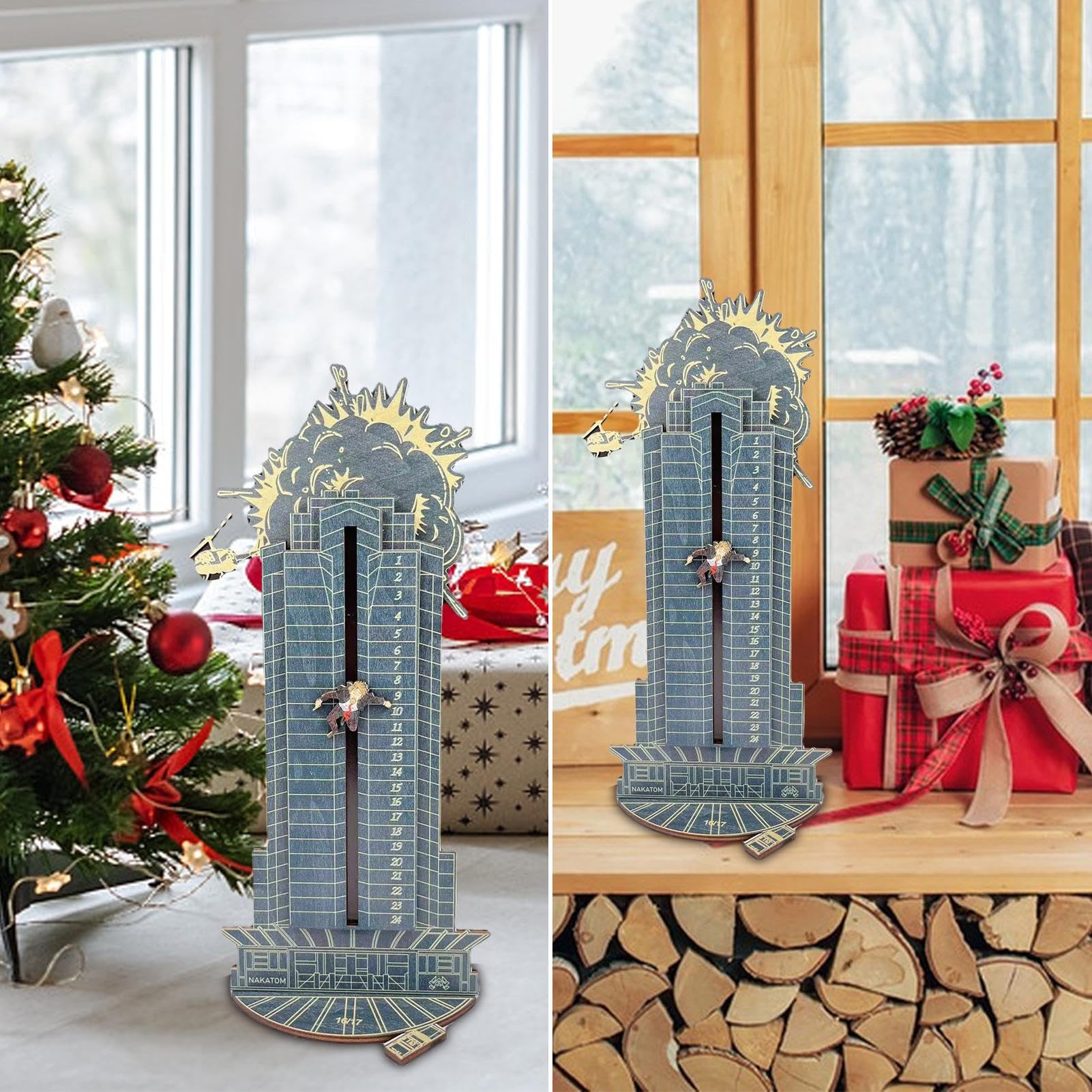 Kerst Die Hard Adventskalender 2024,24 dagen Kerst Aftelkalender Houten Kerst Hans Gruber Interactieve Adventskalender voor Tafelblad Decoraties Thuis Outdoor Xmas Decors Gift voor Kinderen