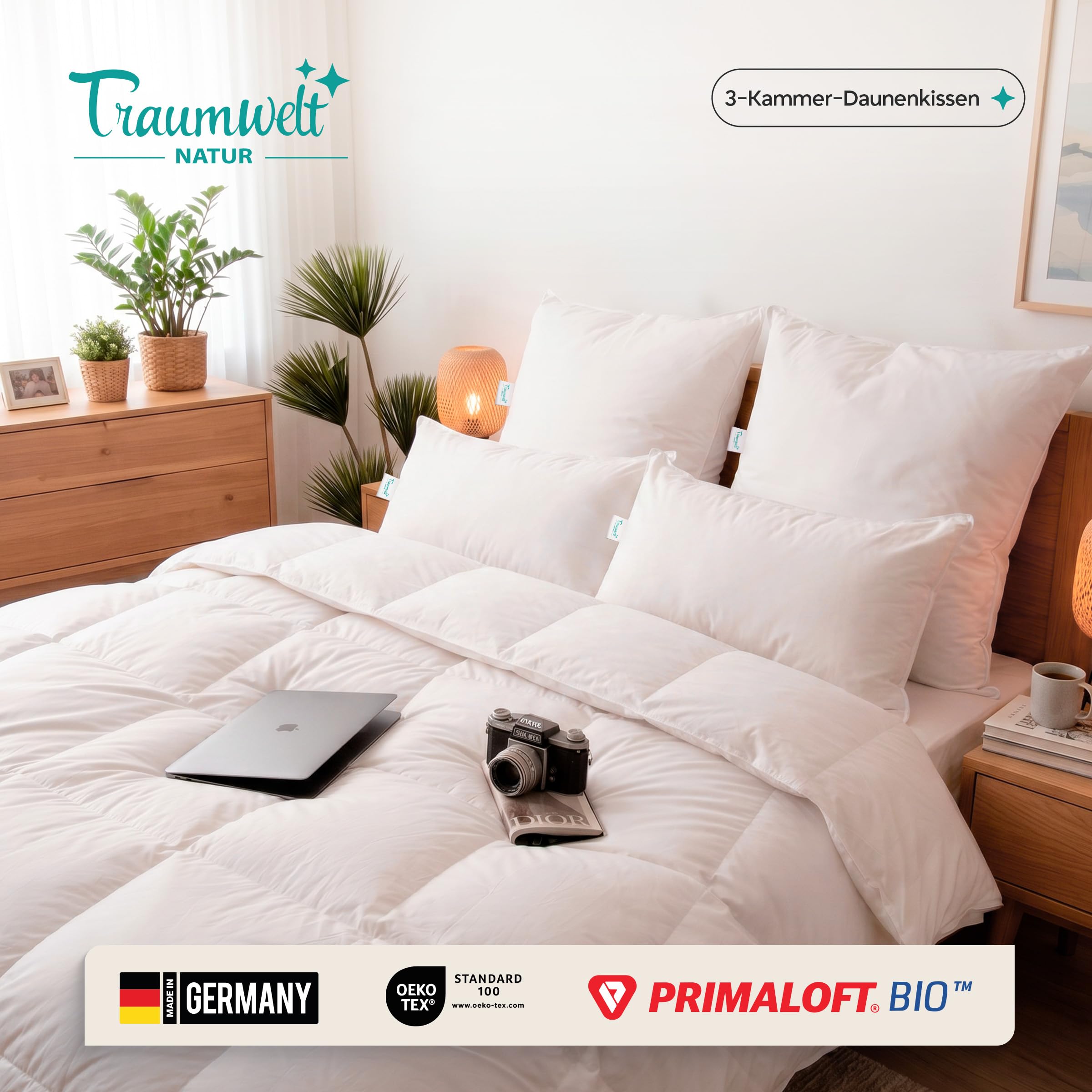Made in Germany 3-Kammer-Daunenkissen 80x80 cm, höhenverstellbar mit Reißverschluss, außen 90% Daunen, innen Primaloft, Allergiker geeignet, Oeko-TEX Standard 100 Klasse 1