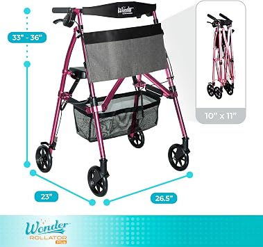 Stander Wonder Rollator Plus, Lightweight Folding Mobility Rolling-Walker, EZ Fold-N-Go-Rollator for Seniors and Adults, 6-inch Wheels, Locking Brakes and Padded Seat with Backrest, Regal Rose