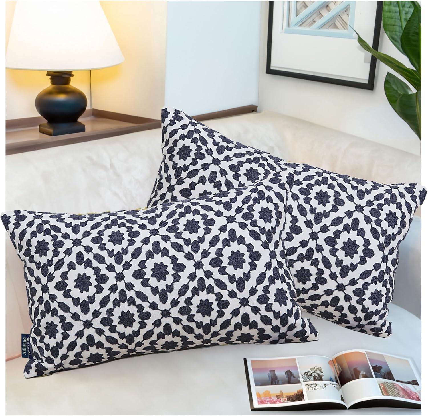 2PCS Pack Aitliving Decorative Throw Pillow Covers Muted Slate Blue Trellis Embroidery Dark Blue Mina Lumbar Pillowcases Cushion Covers Navy Blue Lumbar Pillow Sham 30x50cm for Outdoor Accent Pillows