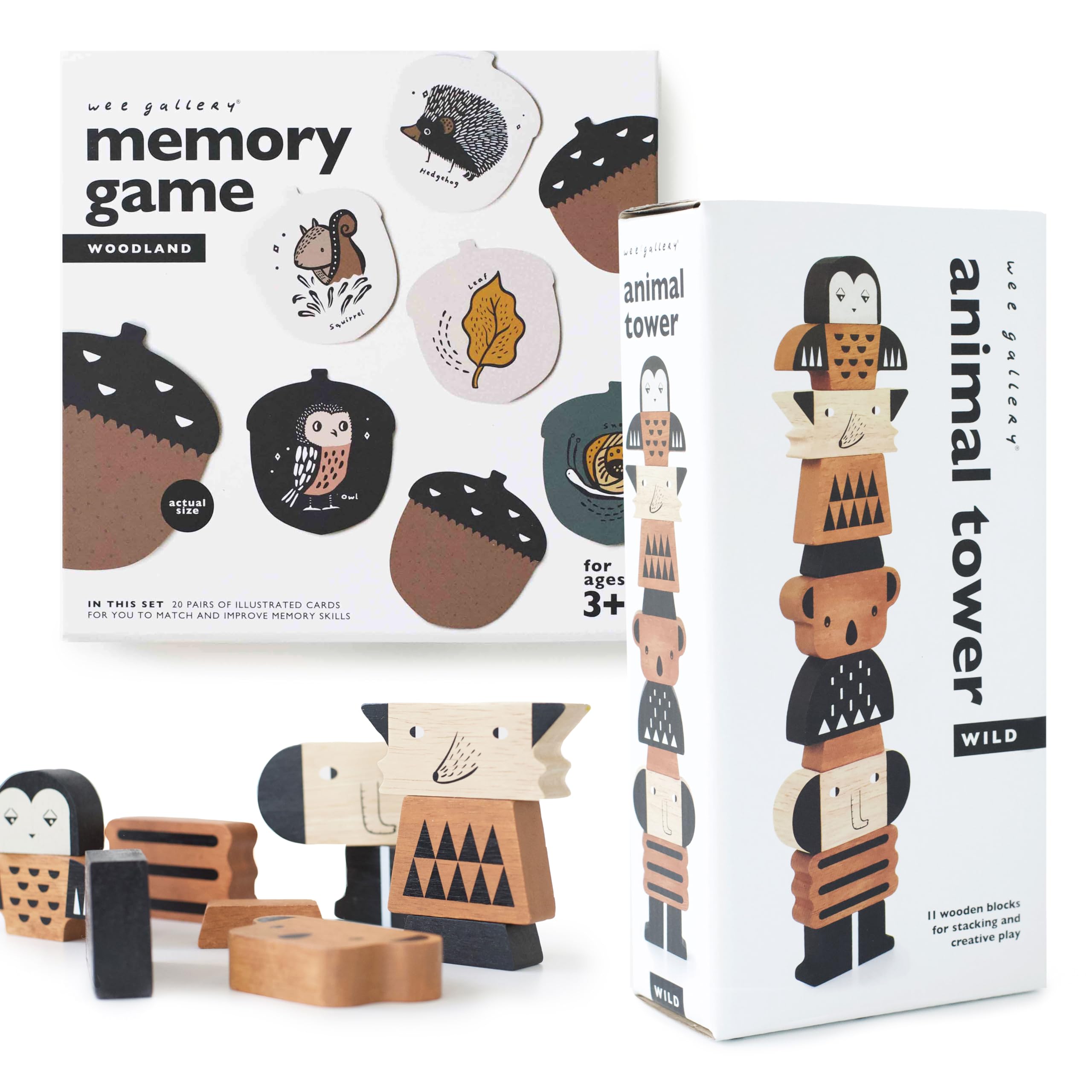 Wee Gallery Brain and Balance Bundle - Memory Game, Woodland Animals and Plants, Brain Building Matching Activity - Animal Tower Block Set, Wooden Building Blocks, STEM Learning Toy, Balance Game