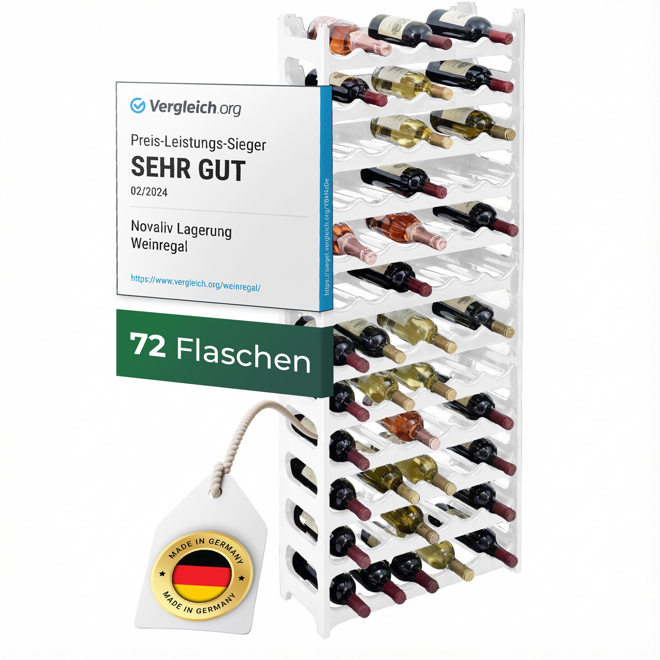 Novaliv Weißes, Modulares Flaschenregal für 72 Weinflaschen - Stapelbar, Erweiterbar, Robust - Ideal für Weinlagerung in Keller, Gastronomie & Zuhause, Getränkeschrank, Weinregal stapelbar