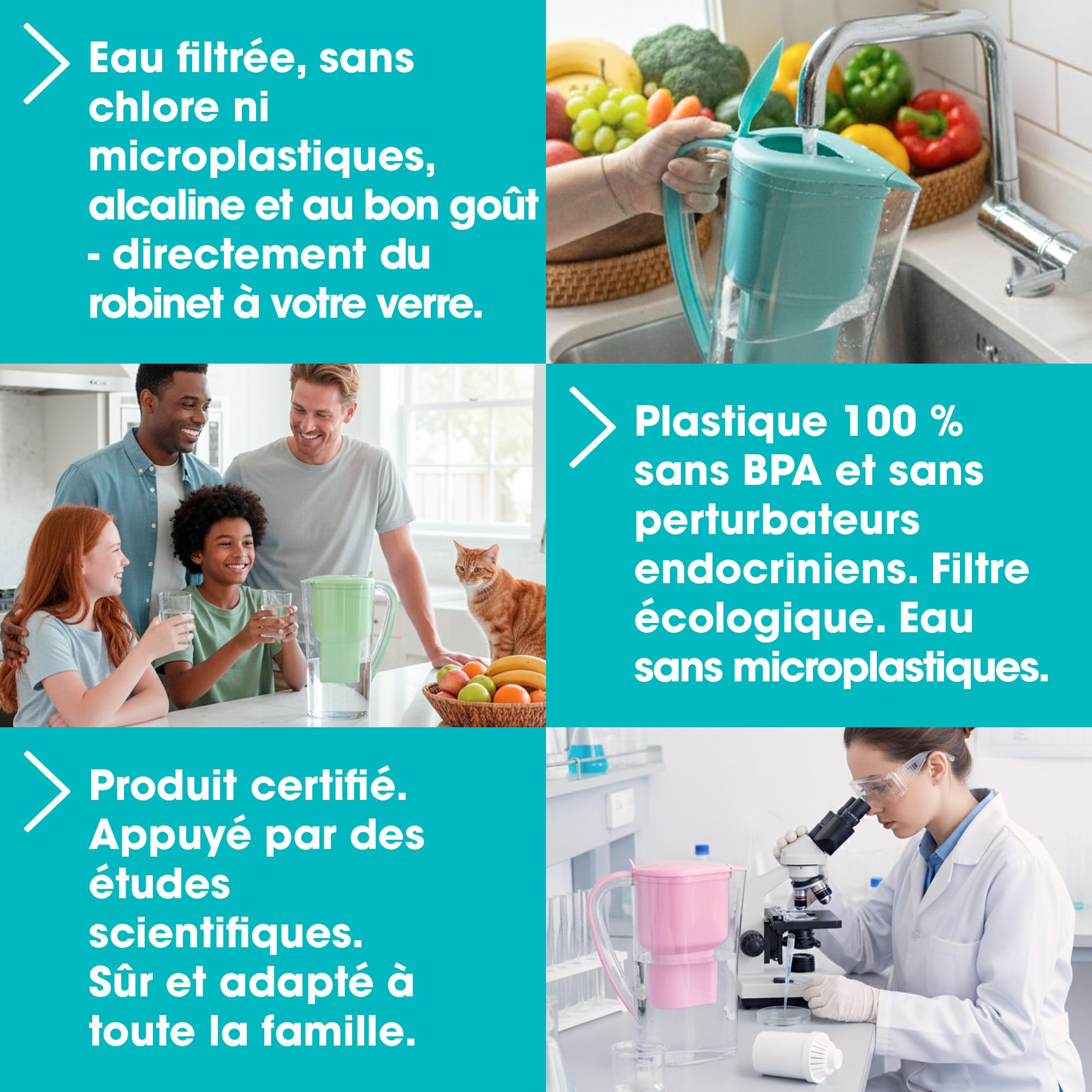 Carafe Filtrante Charbon Actif Eau Maison Alkanatur avec Filtre Basse Émission Sans Resine Ajoute Magnesium Fabrication Europeenne pH 9 Capacité 1.4L Water Filter Jug Hydrogène Élimine Métaux