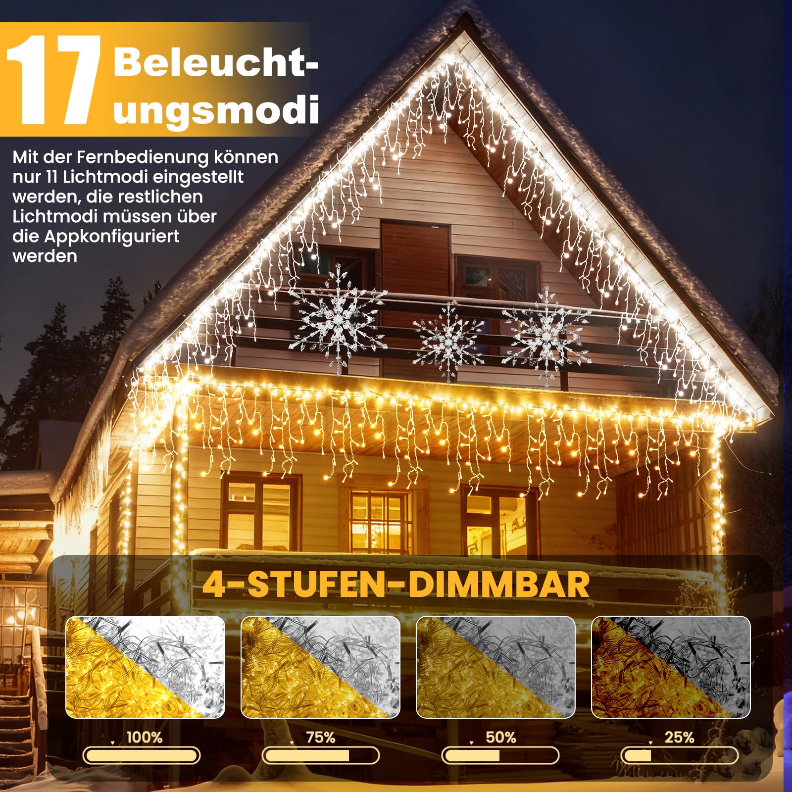 Weihnachtslichter für den Außenbereich, Eisregen Lichterkette Außen in Warmweiß und Kaltem Weiß, LED Lichtervorhang Aussen mit APP und Fernbedienung, 17 Modi+4 Helligkeiten+Timer (30M+5M-1200L,W/K)