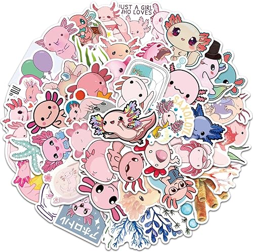 Miniatura 2 de Paquete de 50 calcomanías de ajolote lindo Kawaii para botellas de agua, laptop, teléfono, diario, pegamento, vinilo impermeable, regalos para