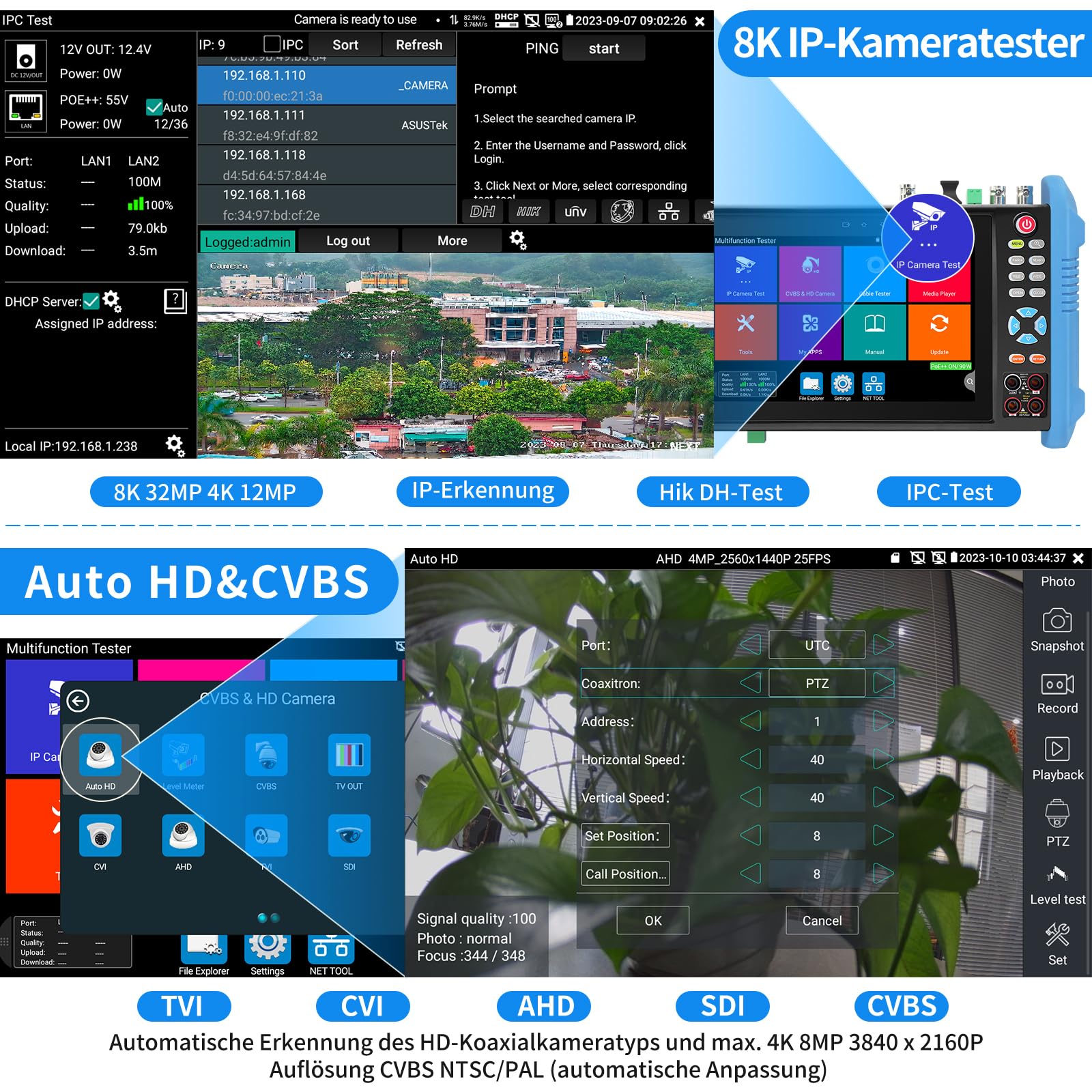 Henkion IP Kamera Tester IPC-9800CMADHS Pro CCTV-Kameratester 7-Zoll-IPS-Touchscreen-Monitor CCTV Tester 8K IPC Tester und 4K 8MP TVI CVI AHD SDI Kameratest Multimeter Kabeltes POE HDMI VGA 1CH SFP