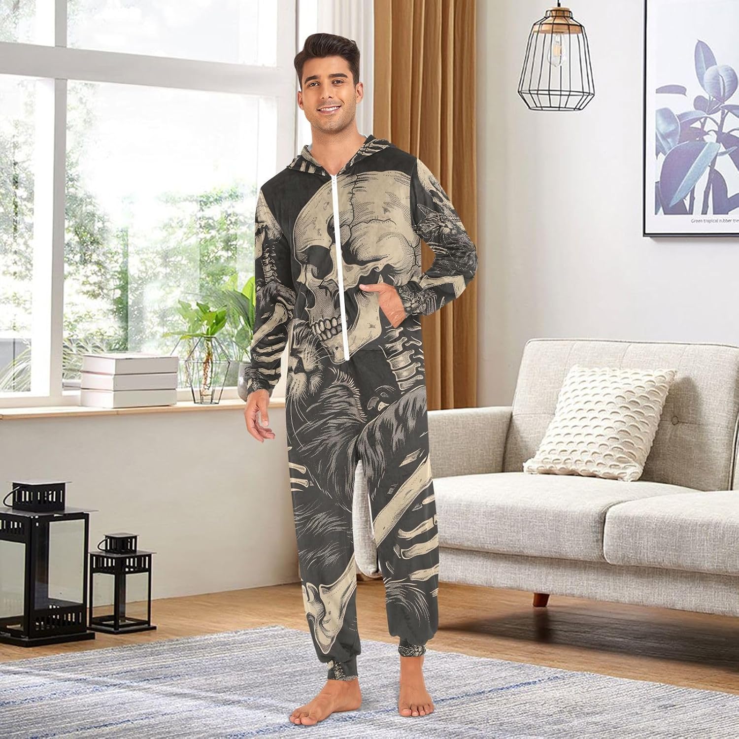 Funny Cat Skeleton Skull Black Unisex Adult Onesie Pajamas Comfy One Piece Costume Jumpsuits Novelty Sleepwear Homewear for Men Women