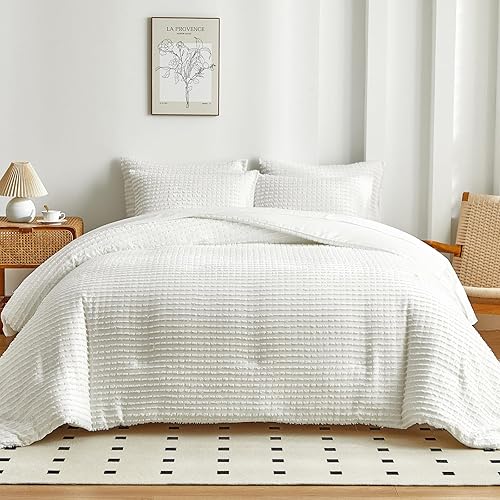 WARMDERN Juego de edredón tamaño King, edredón blanco bohemio a rayas, edredón ligero de microfibra alternativa al plumón, juego de ropa de cama