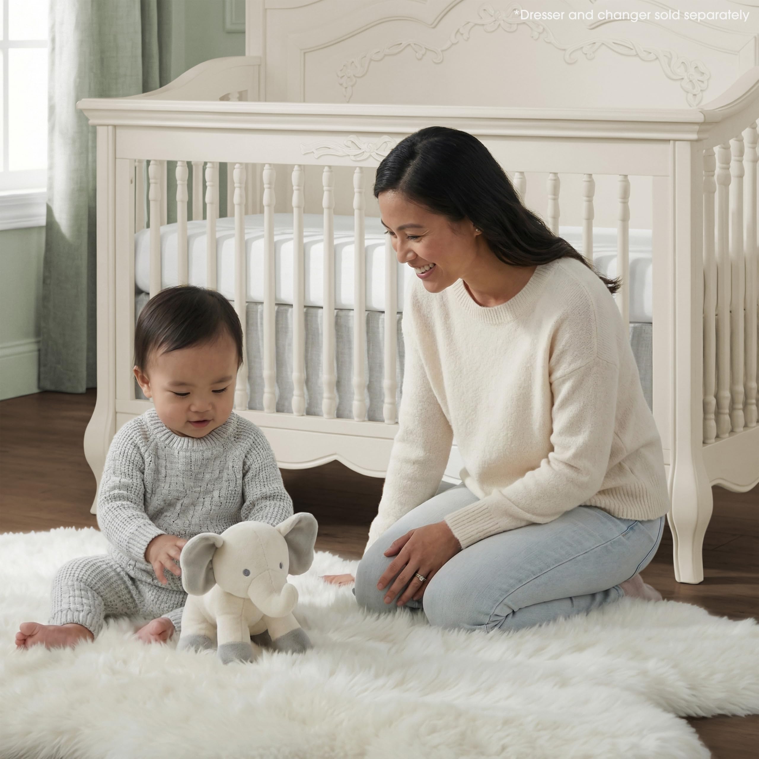 Evolur Aurora 5-in-1 Convertible Full-Size Baby Crib in Ivory Lace, 3 Mattress HeightsRibbon Bow Scrollwork & Queen Anne Feet, Converts to Toddler, Day & Full-Size Bed Product Image 2