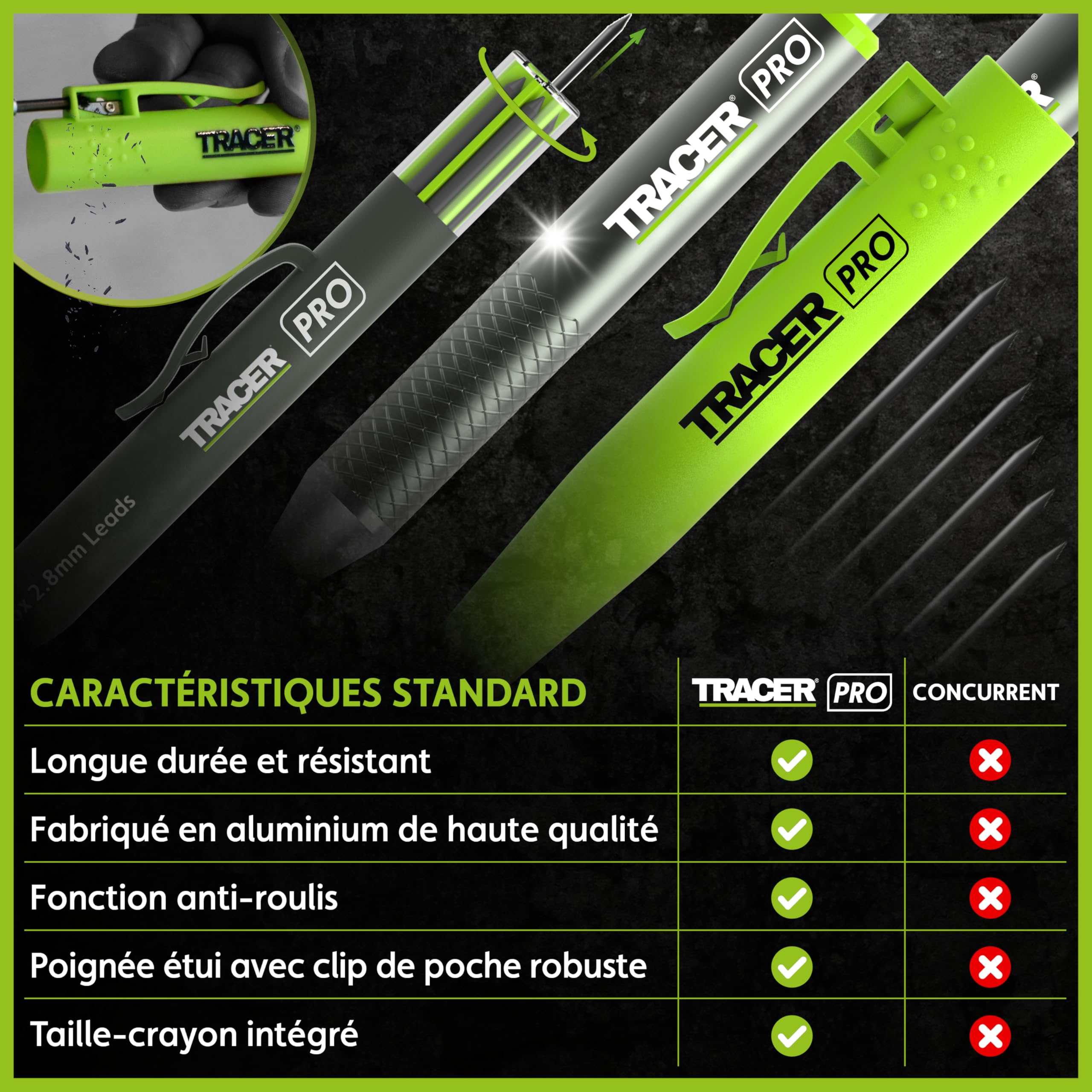 Tracer Pro Series Crayon de construction à trous profonds en aluminium avec 6 paquets de mines de rechange et étuis de chantier