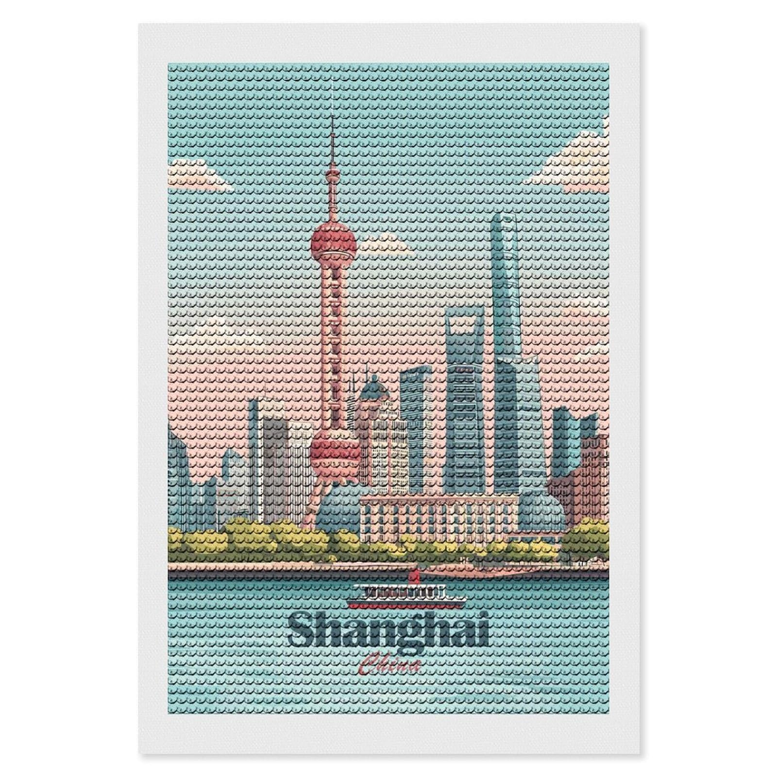 Junmoney Shanghai Skyline(4) Full Drill Diamond Painting Kit 8"x12", for Teens, Adhesive Canvas, Bedroom Decor, Holiday Gift Idea
