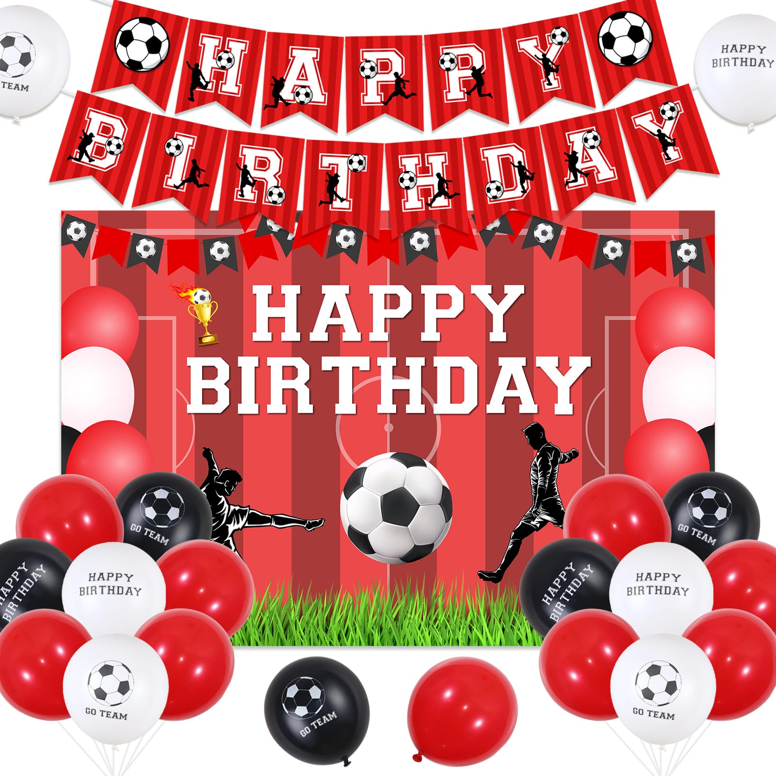 Sursurprise Football Birthday Decorations Red and White, Football Happy Birthday Banner Backdrop, Go Team Balloons, Soccer Birthday Party Supplies
