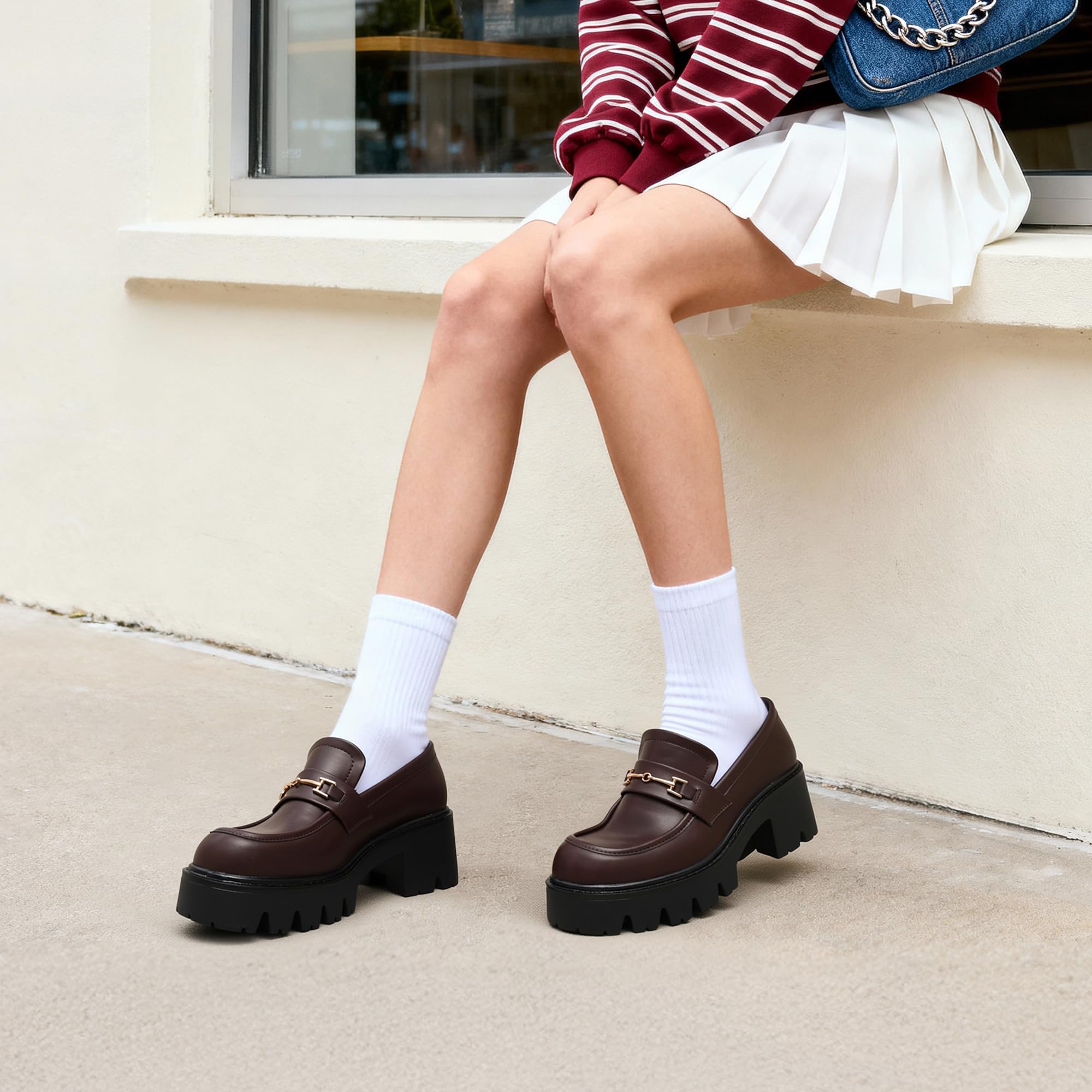 DREAM PAIRS Mocasines Plataforma Mujer | Tacón 6.6cm, plataforma 3cm, espuma viscoelástica, punta redonda, detalle cadena, suela tacos.