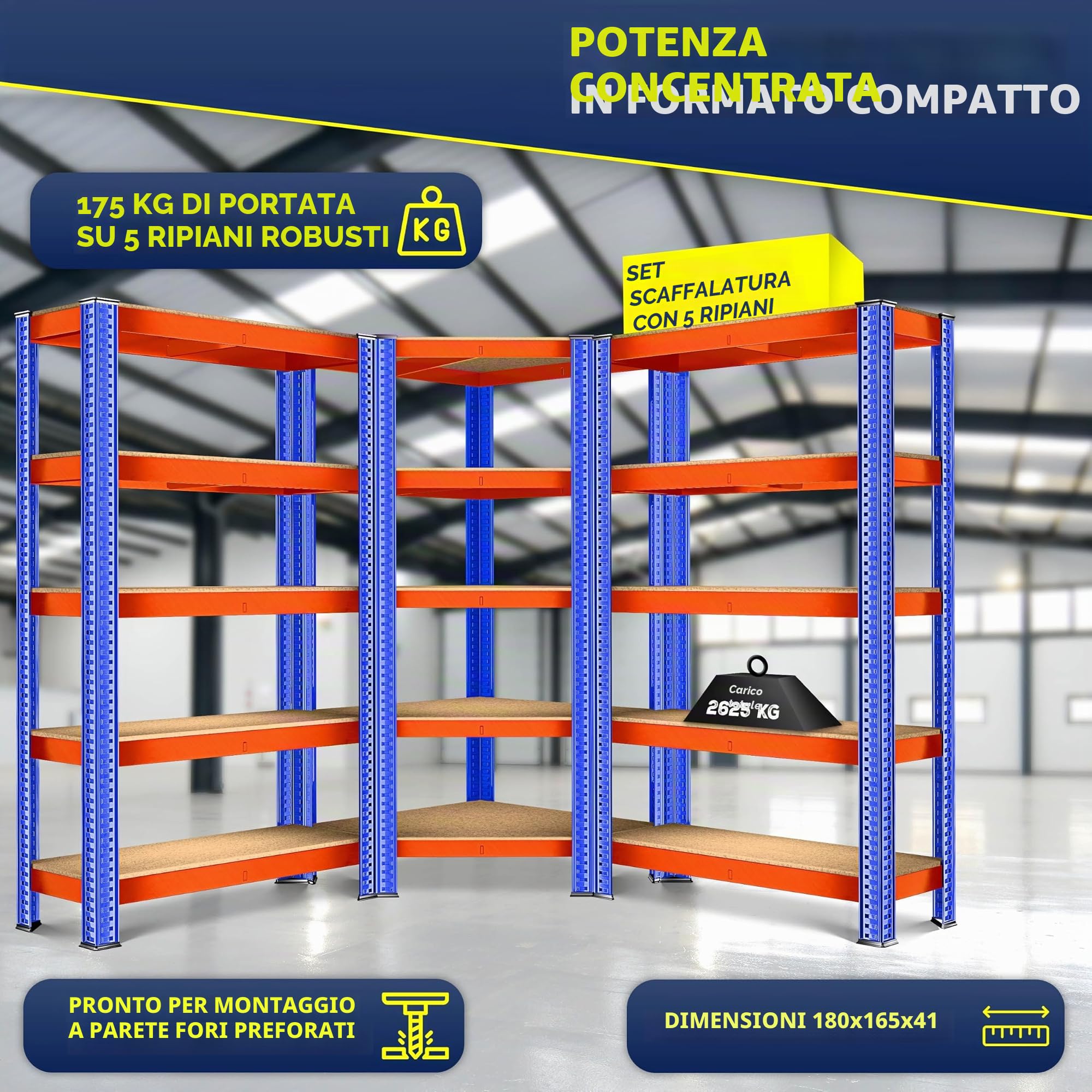 KESSER MASKO® - Set di 3 scaffali in metallo, 1 scaffalatura angolare e 2 scaffali, 15 ripiani, in MDF, 2625 kg, scaffale per officina, cantina, garage, scaffalatura per carichi pesanti (arancione)