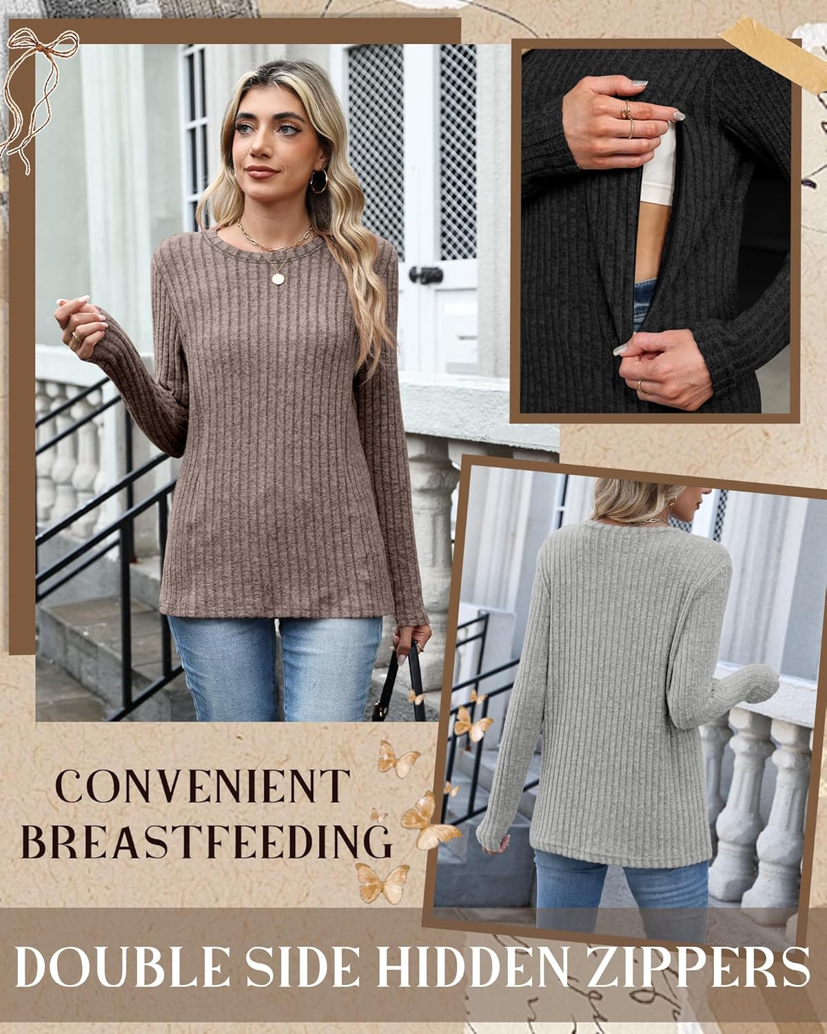 4 Pack Women Nursing Shirts Breastfeeding Long Sleeve Tops Thermal Sweaters with Hidden Zipper Ribbed Maternity - Image 6