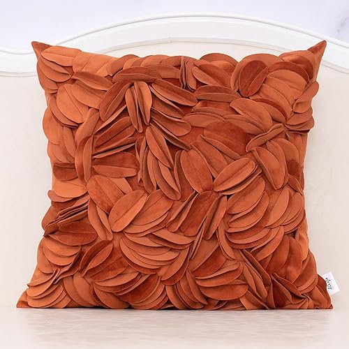 Alerfa Funda de almohada decorativa de terciopelo floral hecha a mano con hojas en 3D para sofá, cama, sala de estar, decoración del hogar, 20 x 20