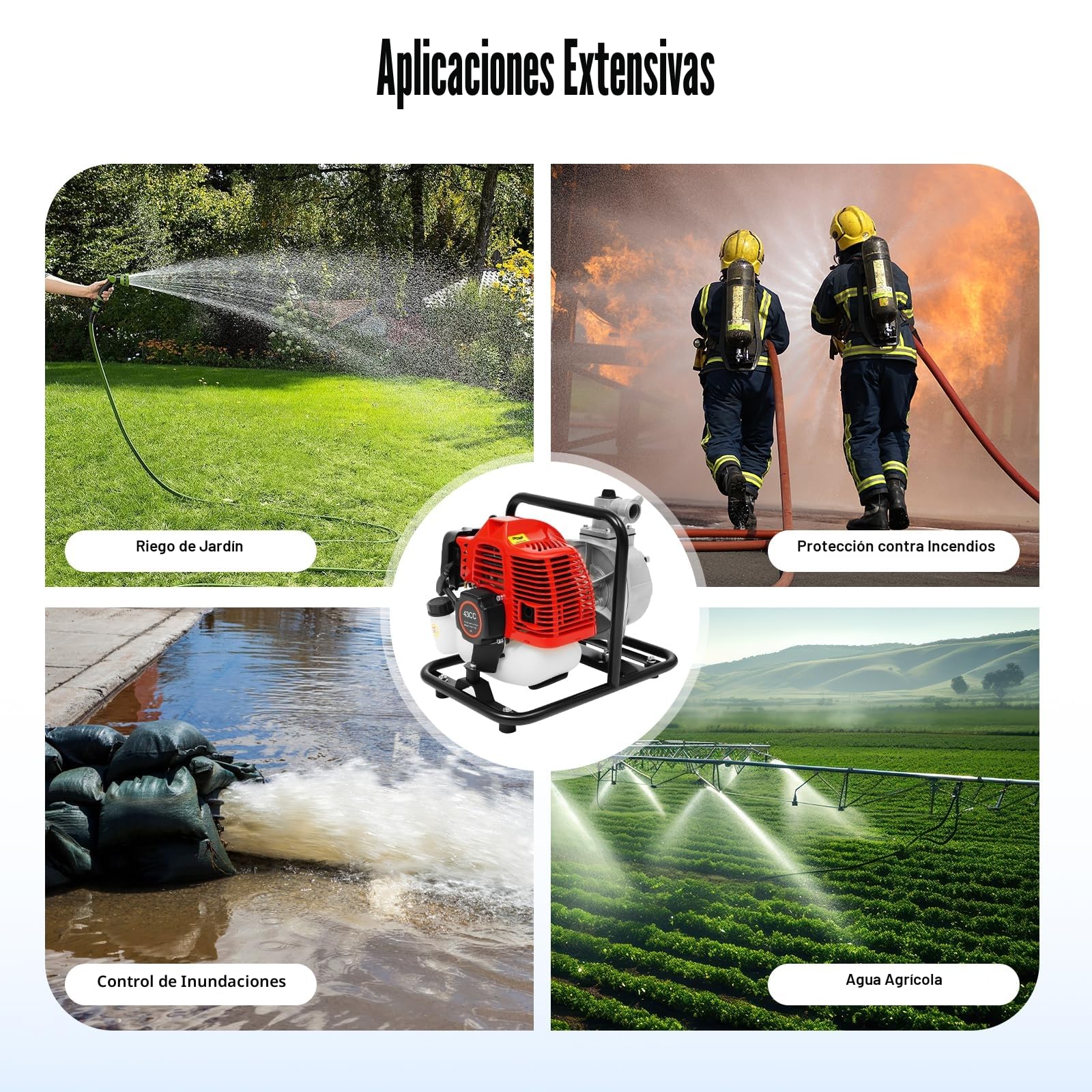Bomba de agua gasolina 1,25 kW/1,7 hp 8000 l/h 30 m, motor 2T, botella de aceite, filtro | riego/drenaje (610 g combustible)