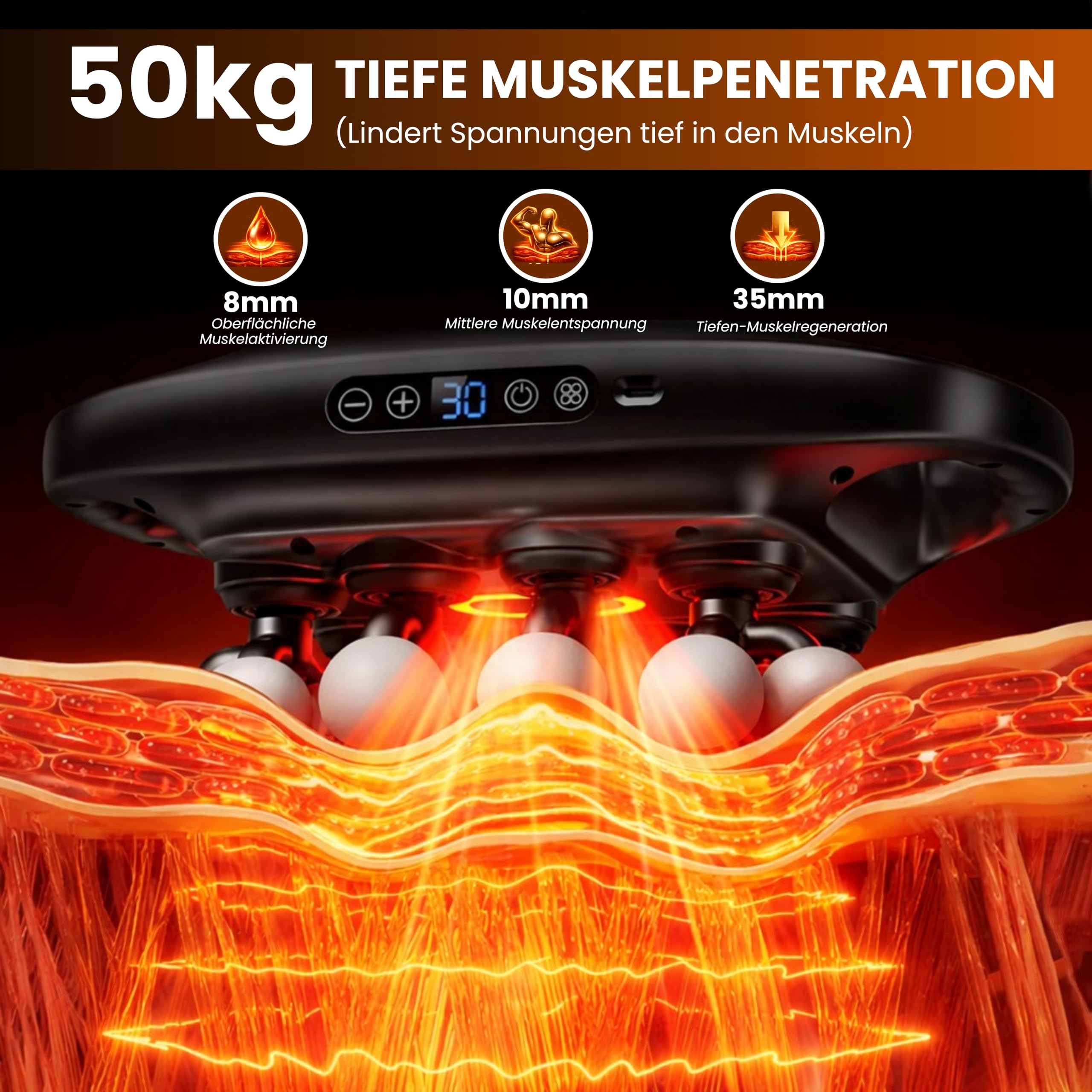 BeFit24 Massagepistole mit Wärmefunktion & 16 Massageköpfen, Tiefengewebe Massagegerät gegen Muskelverspannungen und Schmerzen, Muskelregeneration für Rücken, Nacken, Schultern & Beine, Kabellos USB-C