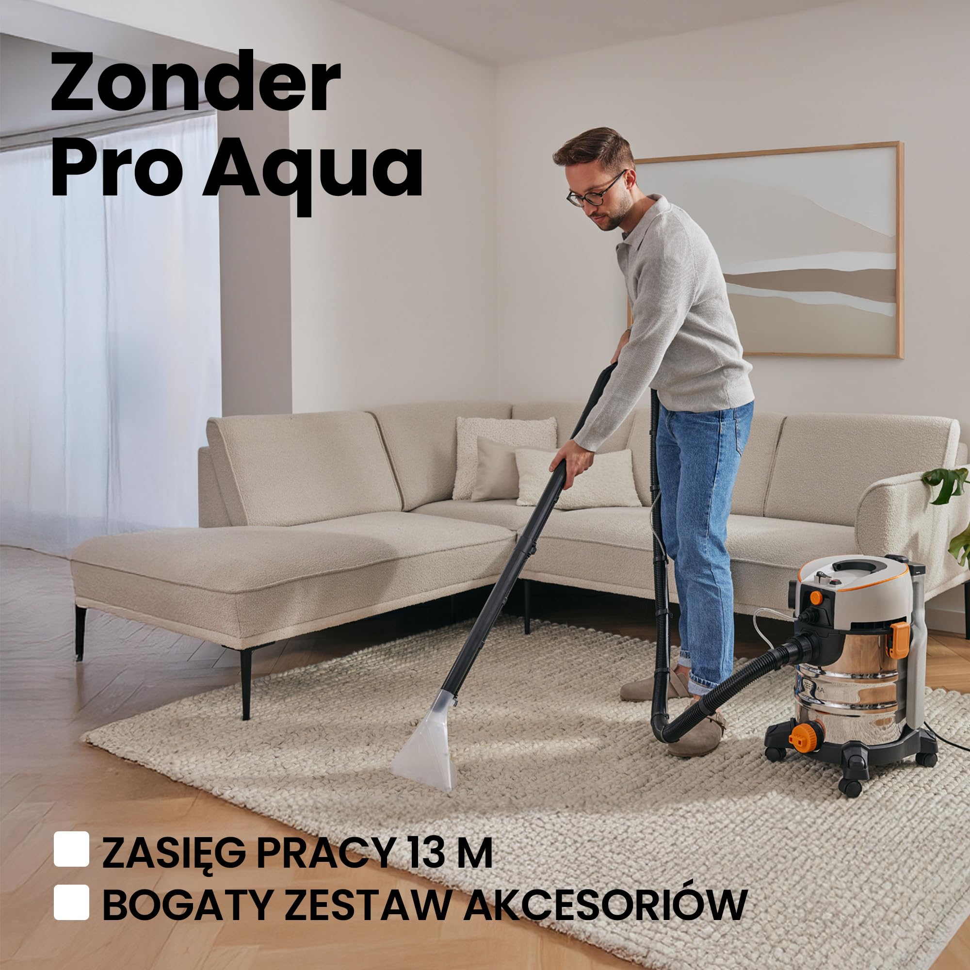 ZEEGMA ZONDER PRO AQUA Odkurzacz Piorący do Pracy na Mokro i Sucho 1400W, do Dywanów Samochodu Tapicerki Schodów, Zbiornik na Wodę Czystą 4 L, Zestaw Filtrów oraz Ssawek Piorących