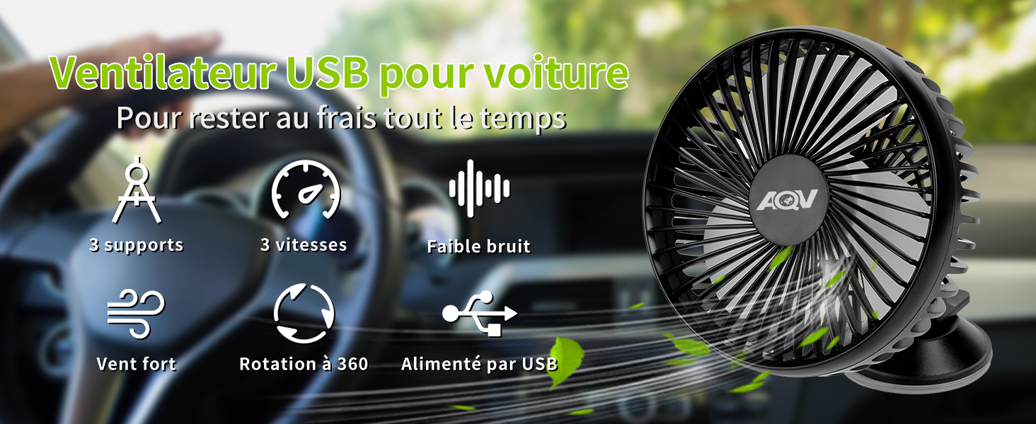 Ventilateur Voiture USB AQV - 12V, 3 Vitesses, Rotation 360° - Pour Voiture, Bureau, Maison - Portable