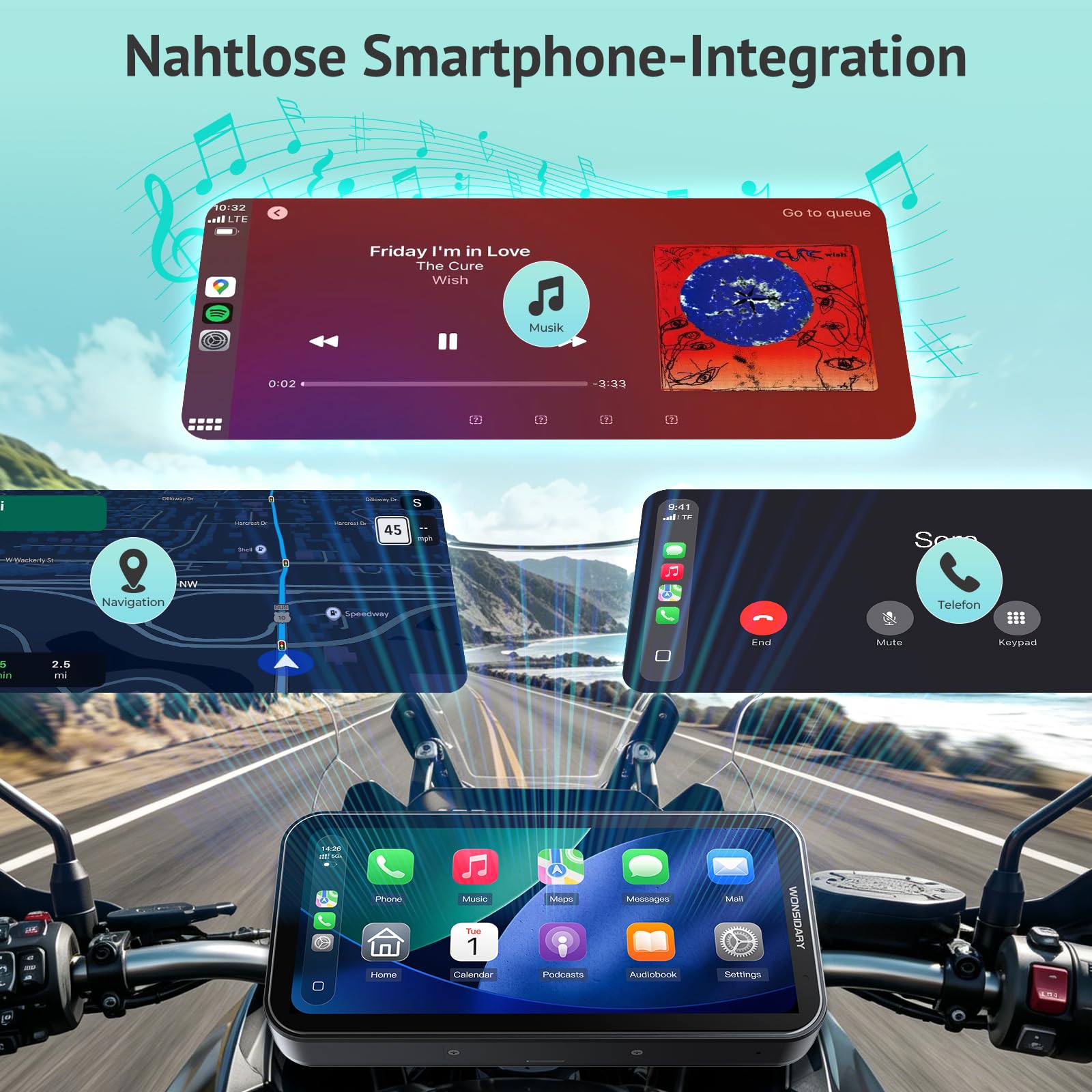Motorrad CarPlay Display mit TPMS, Android Auto & Wasserdicht | 6,25 Zoll Motorrad Navi mit Lichtsensor, Dual-Bluetooth, OTA Updates, USB und ACC Anschluss für Motorradtouren